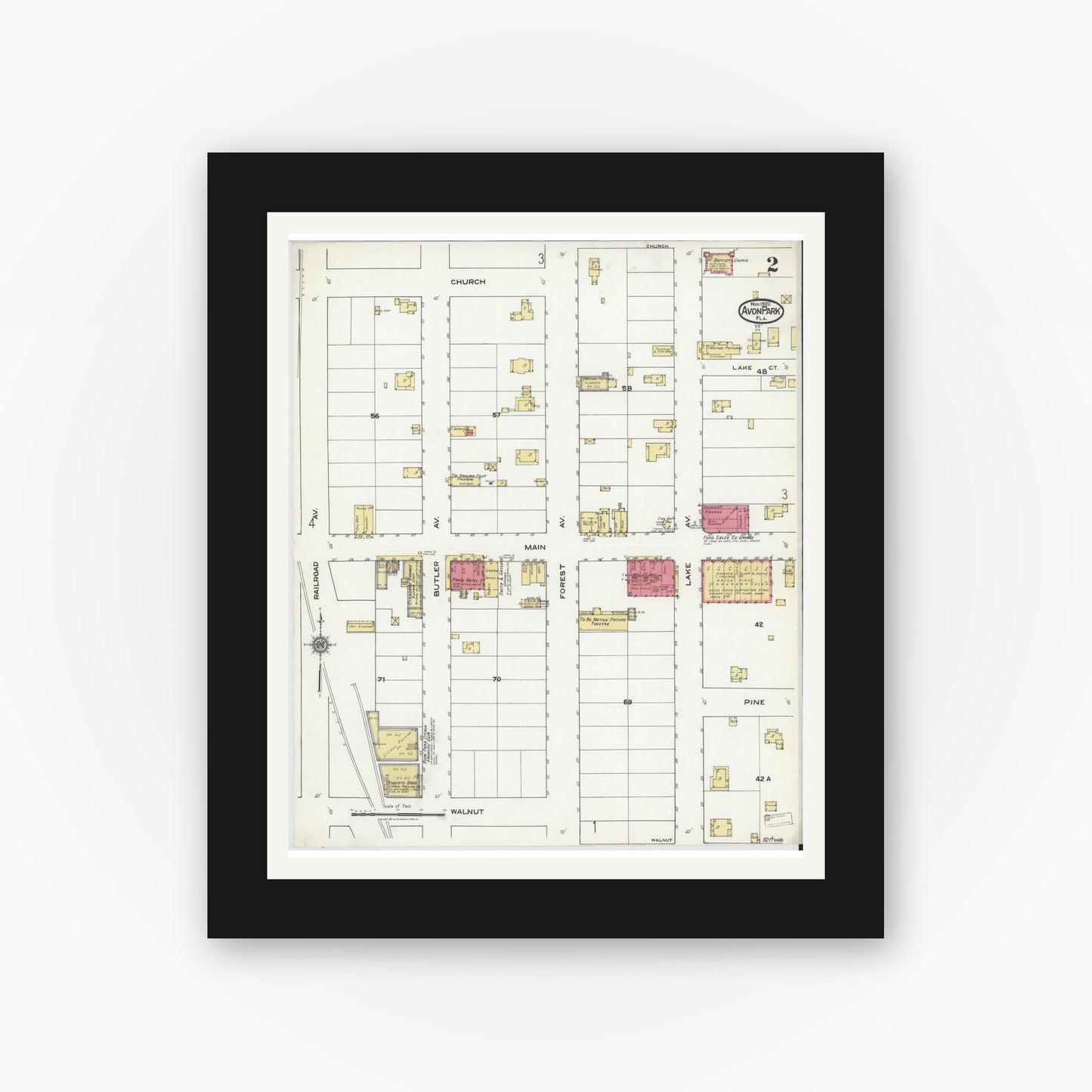 Old map wall art mockup — black gallery frame with white mat — Sanborn Fire Insurance Map from Avon Park, Highlands County, Florida (1920), Sheet #0002