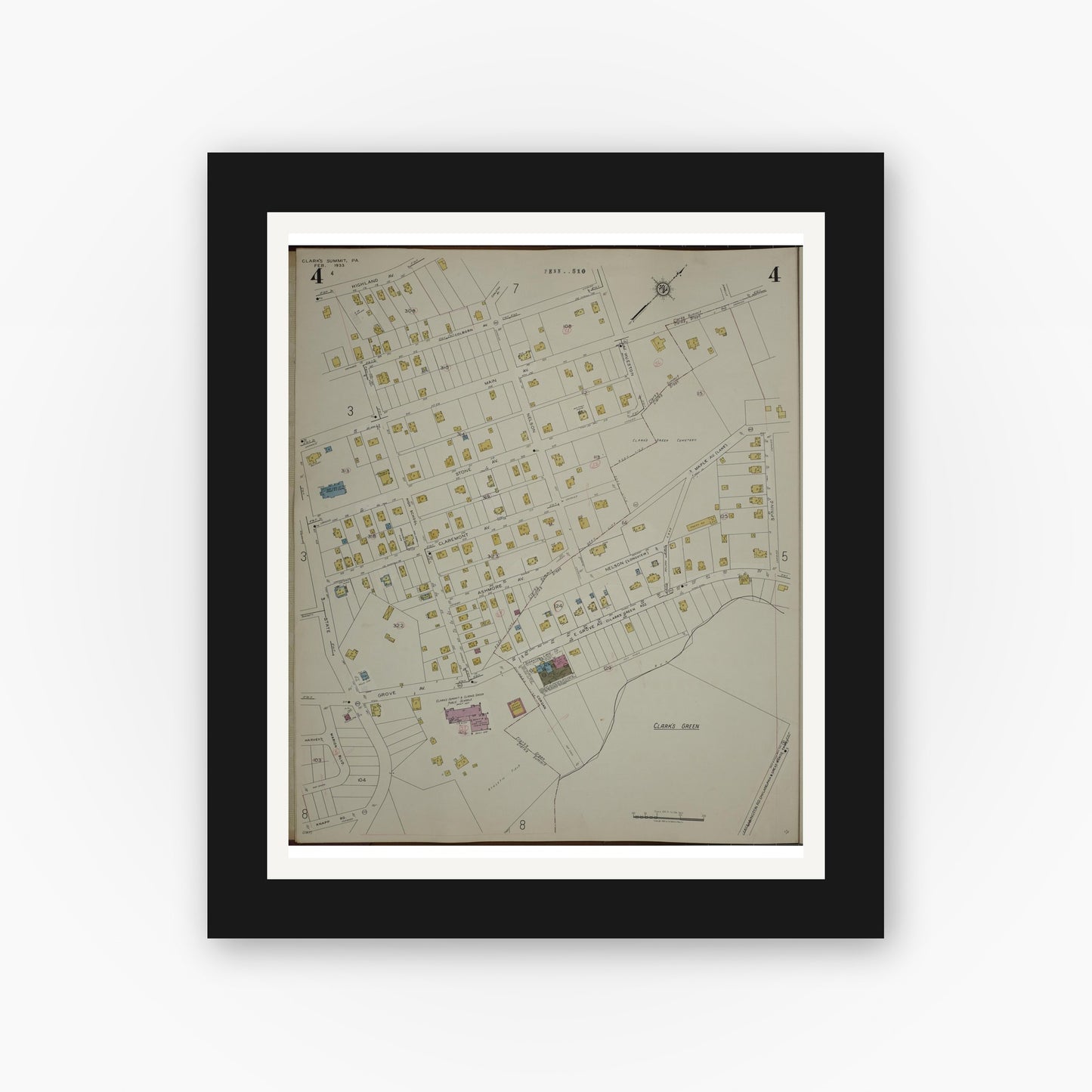 Old map wall art mockup — black gallery frame with white mat — Sanborn Fire Insurance Map from Clark's Summit, Lackawanna County, Pennsylvania (1942), Sheet #0004