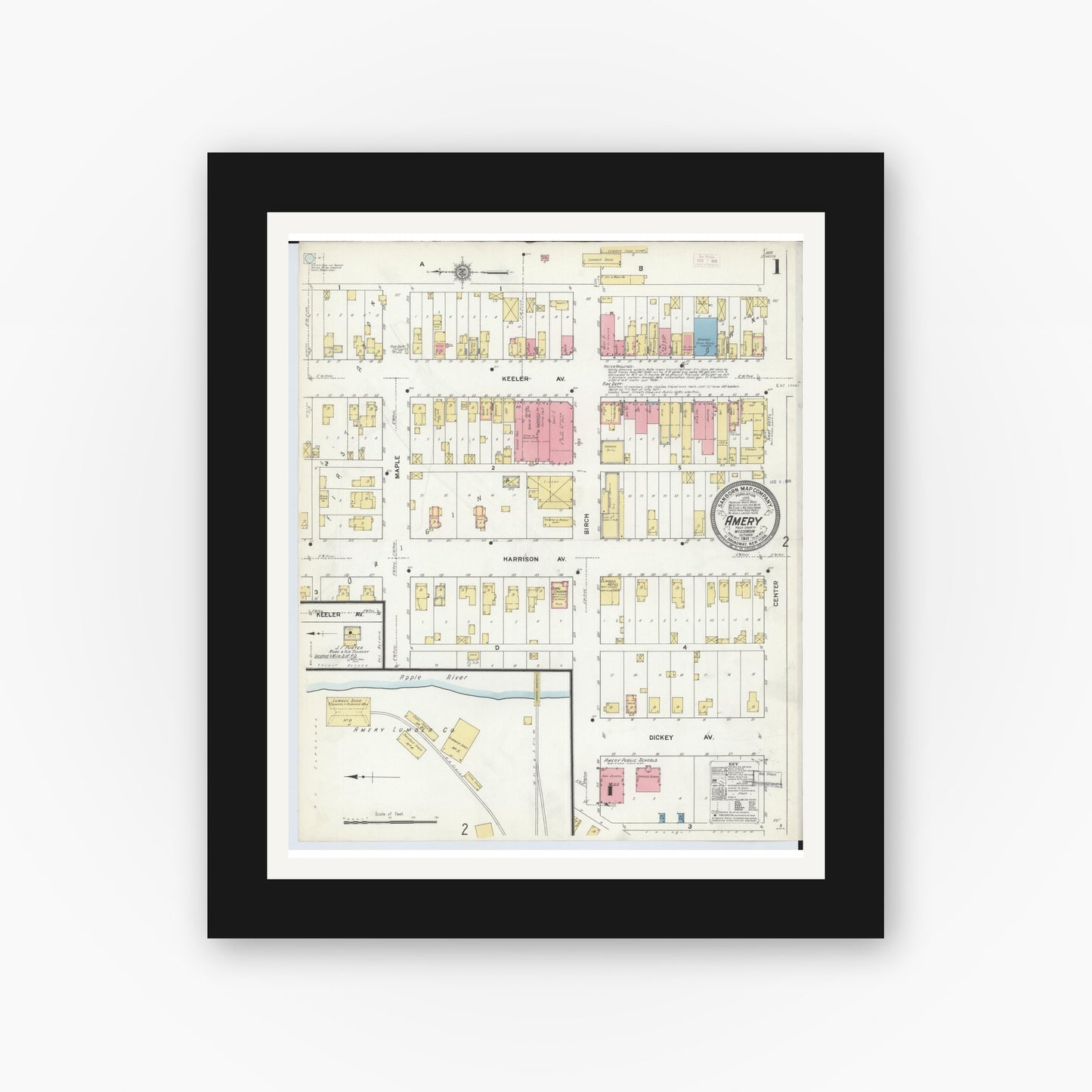 Old map wall art mockup — black gallery frame with white mat — Sanborn Fire Insurance Map from Amery, Polk County, Wisconsin (1911), Sheet #0001