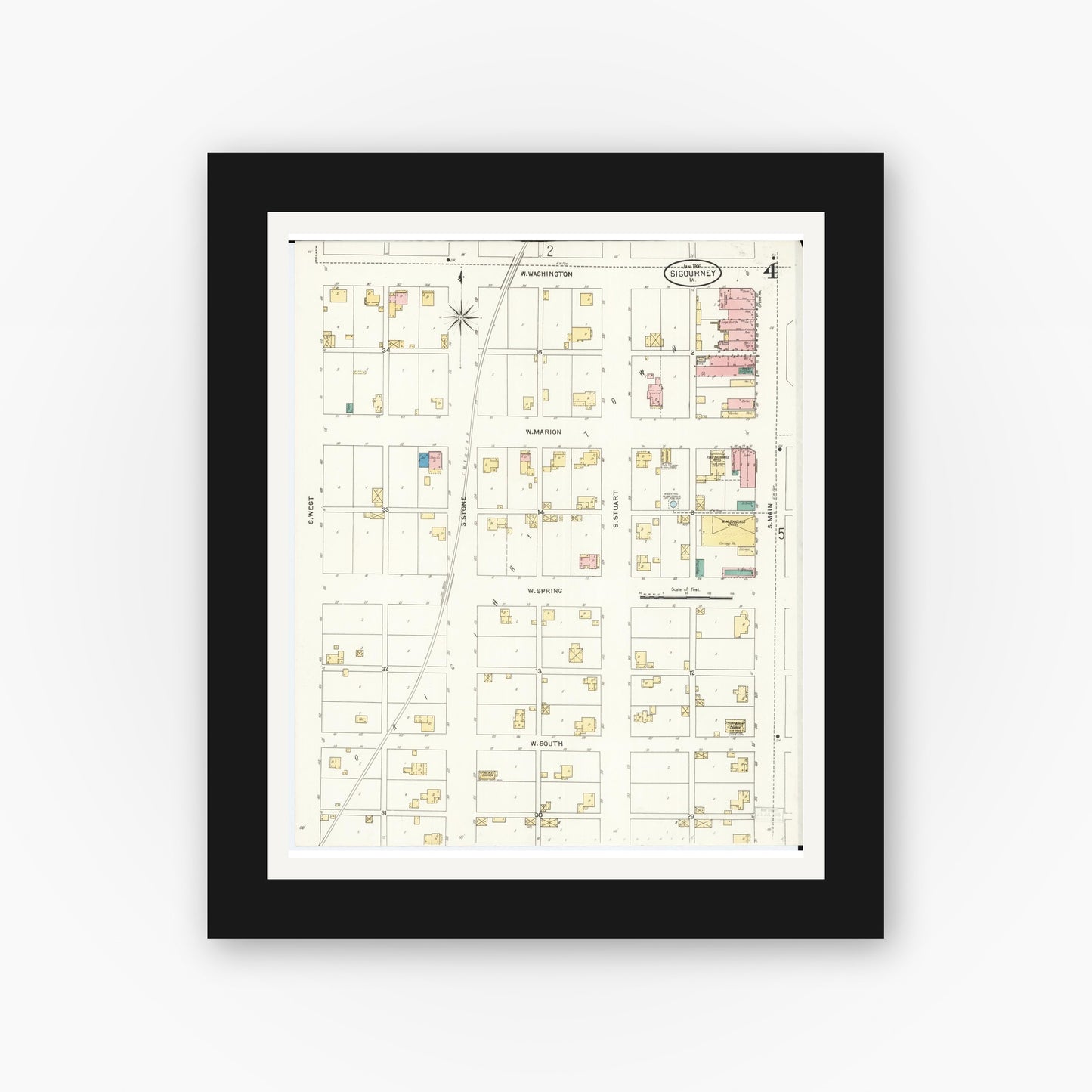 Old map wall art mockup β black gallery frame with white mat β Sanborn Fire Insurance Map from Sigourney, Kiokuk County, Iowa (1906), Sheet #0004