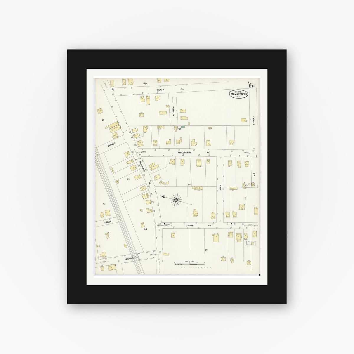 Old map wall art mockup — black gallery frame with white mat — Sanborn Fire Insurance Map from Mamaroneck, Westchester County, New York (1908), Sheet #0006