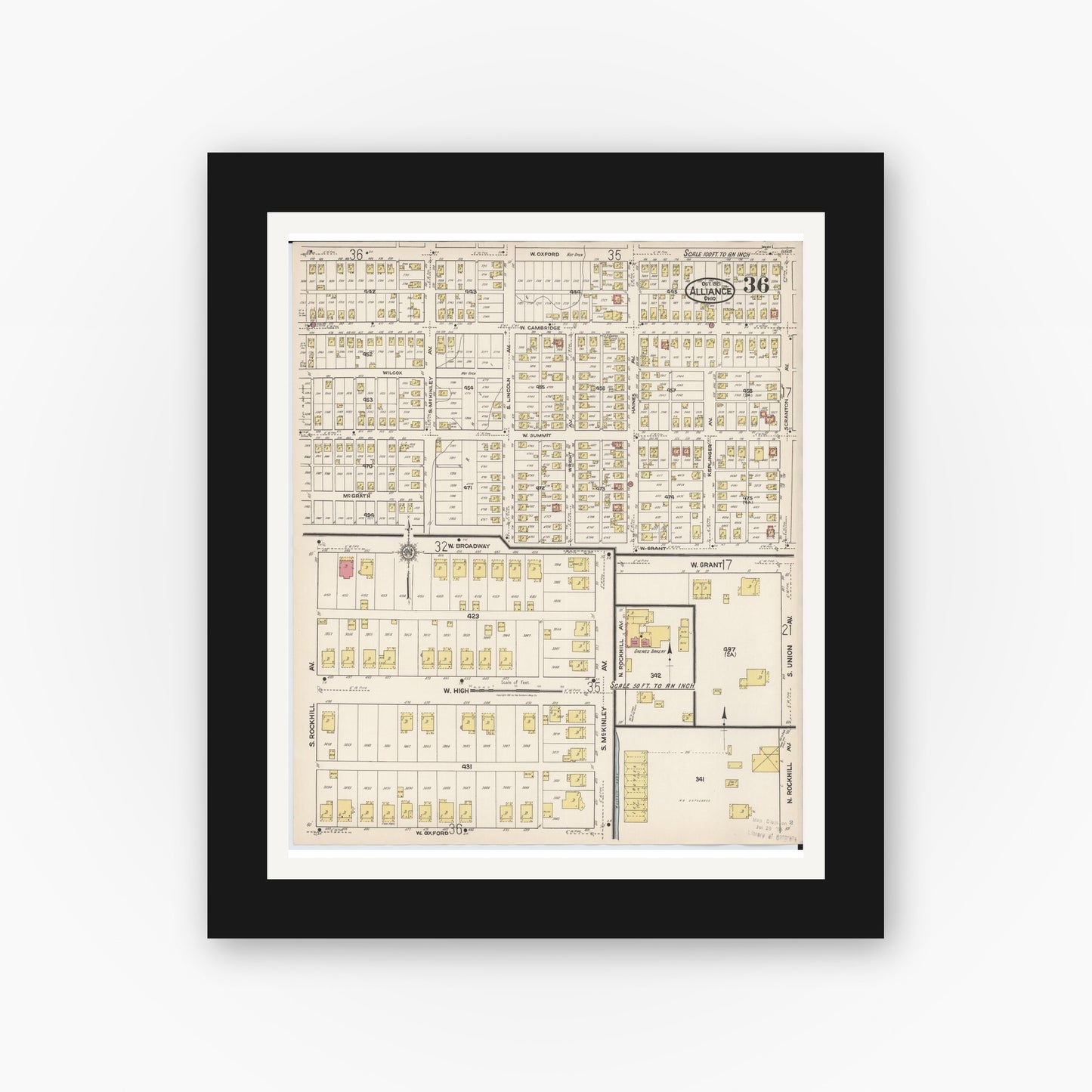 Old map wall art mockup — black gallery frame with white mat — Sanborn Fire Insurance Map from Alliance, Stark County, Ohio (1921), Sheet #0036