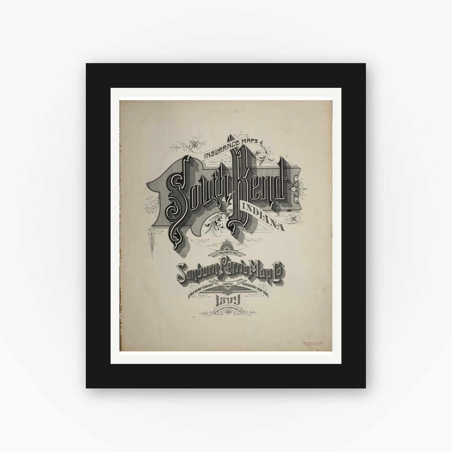 Old map wall art mockup — black gallery frame with white mat — Sanborn Fire Insurance Map from South Bend, Saint Joseph County, Indiana (1899), Sheet #0001
