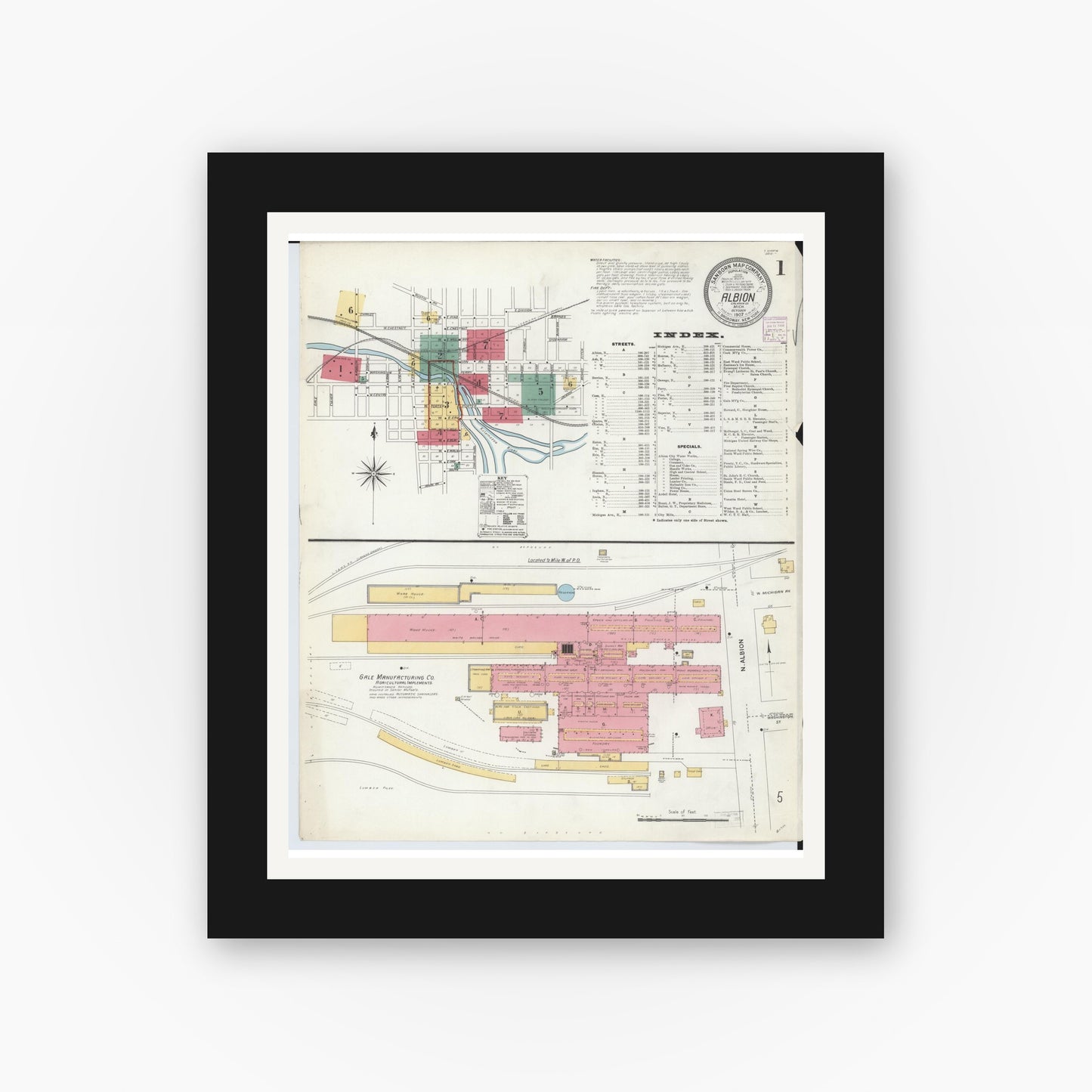 Old map wall art mockup — black gallery frame with white mat — Sanborn Fire Insurance Map from Albion, Calhoun County, Michigan (1907) - Complete Map Set