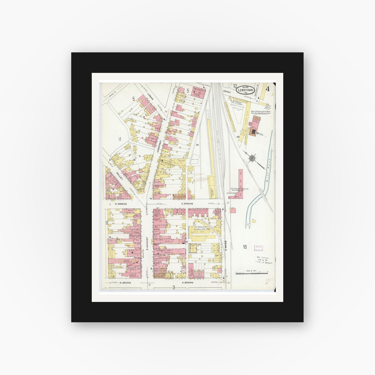 Old map wall art mockup — black gallery frame with white mat — Sanborn Fire Insurance Map from Lewistown, Mifflin County, Pennsylvania (1910), Sheet #0004