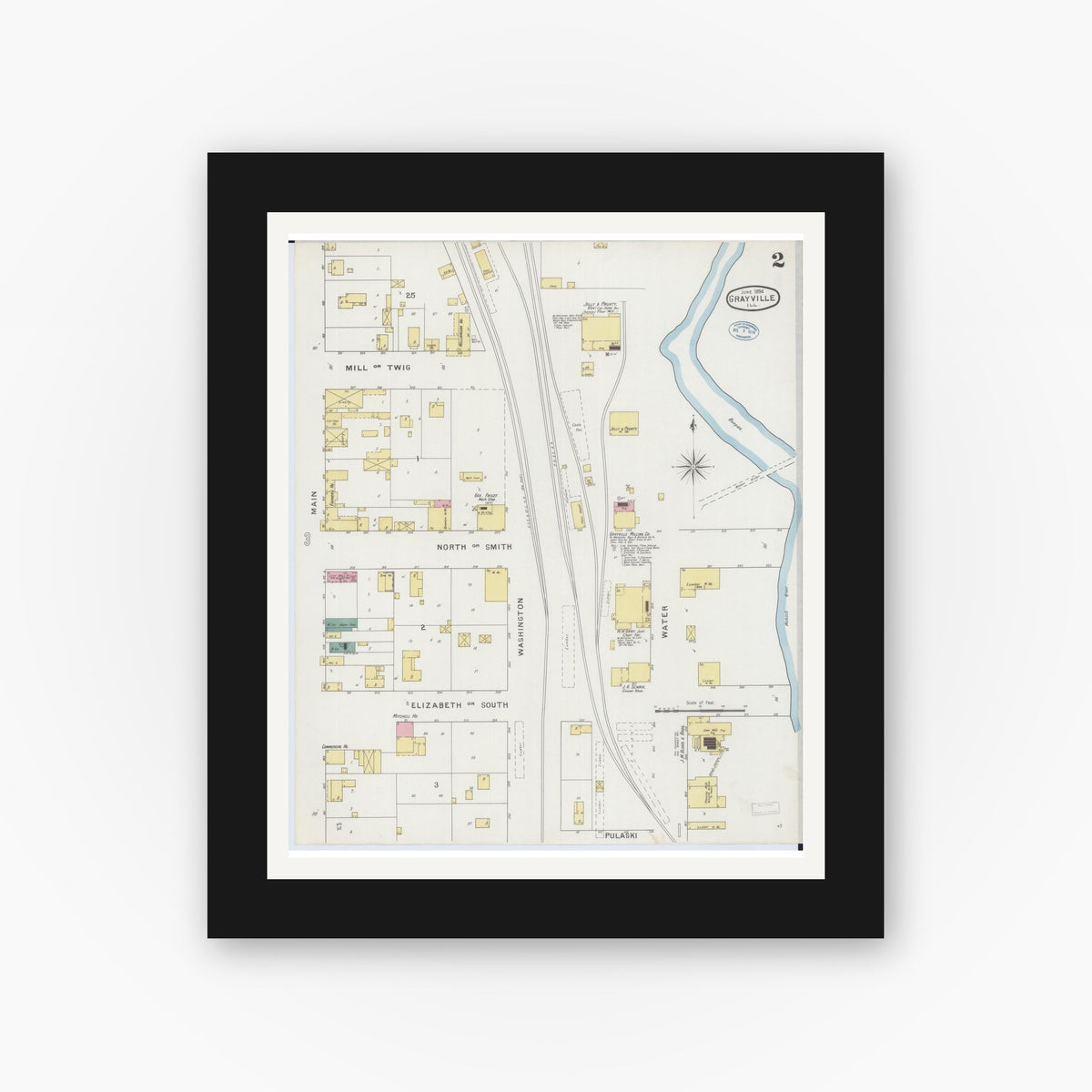 Old map wall art mockup — black gallery frame with white mat — Sanborn Fire Insurance Map from Grayville, White And Edwards Counties, Illinois (1894), Sheet #0002