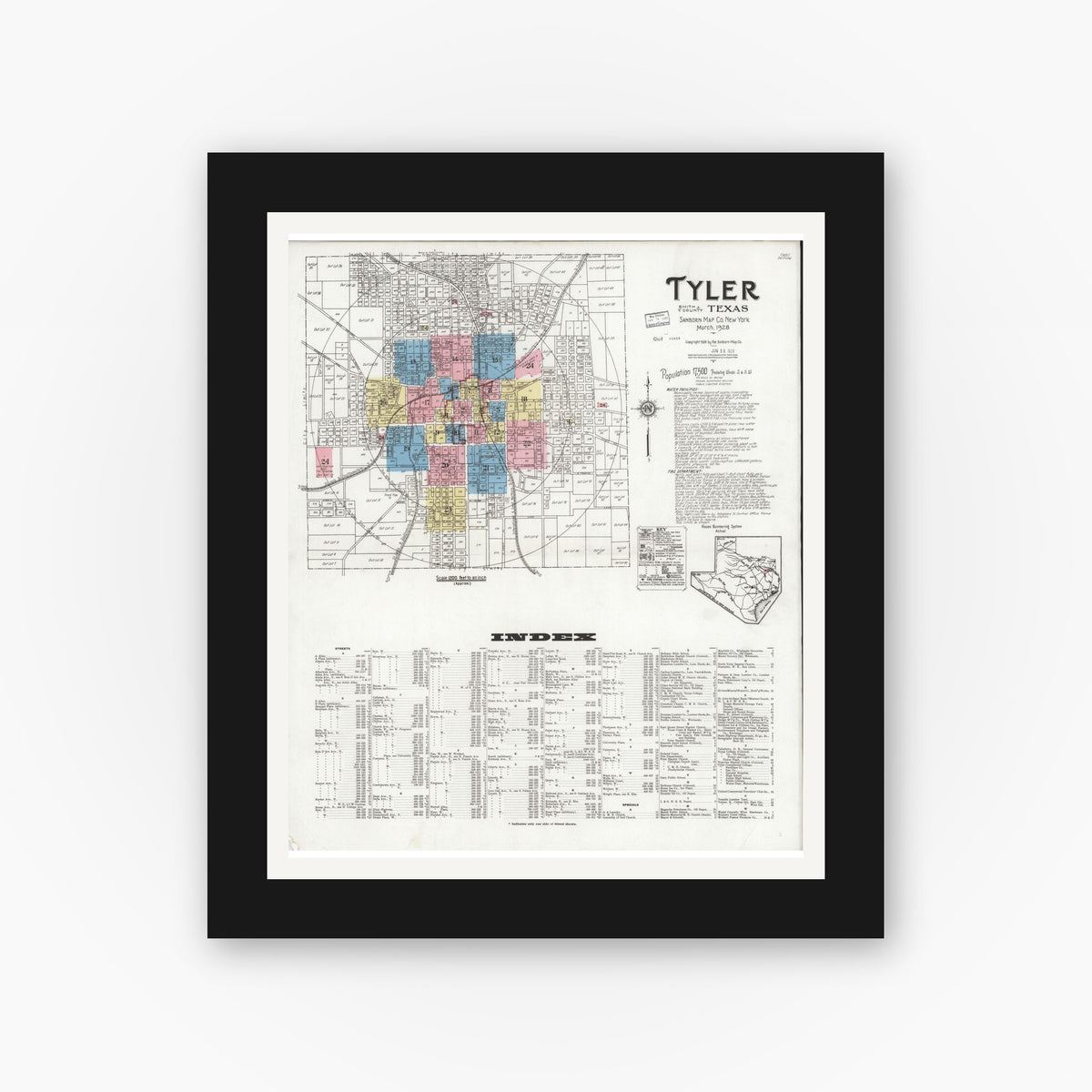 Old map wall art mockup — black gallery frame with white mat — Sanborn Fire Insurance Map from Tyler, Smith County, Texas (1928) - Complete Map Set