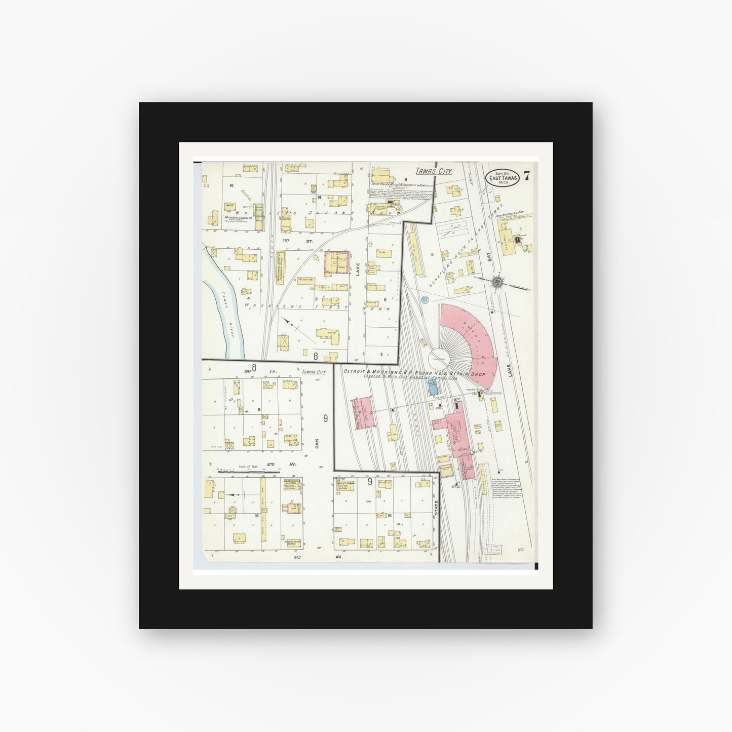 Old map wall art mockup — black gallery frame with white mat — Sanborn Fire Insurance Map from East Tawas, Iosco County, Michigan (1910), Sheet #0007