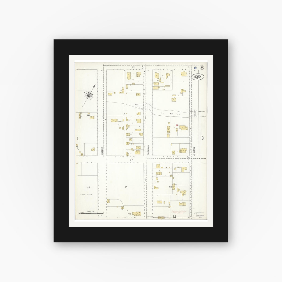 Old map wall art mockup — black gallery frame with white mat — Sanborn Fire Insurance Map from Gilroy, Santa Clara County, California (1906), Sheet #0008
