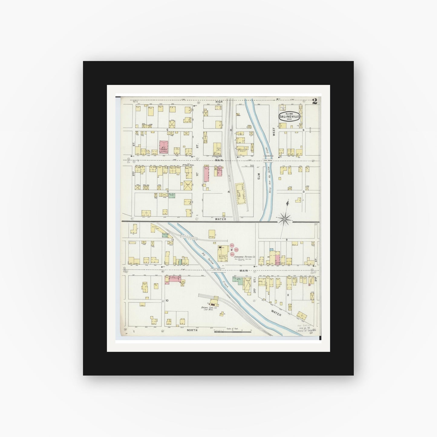 Old map wall art mockup — black gallery frame with white mat — Sanborn Fire Insurance Map from Salineville, Columbiana County, Ohio (1895), Sheet #0002