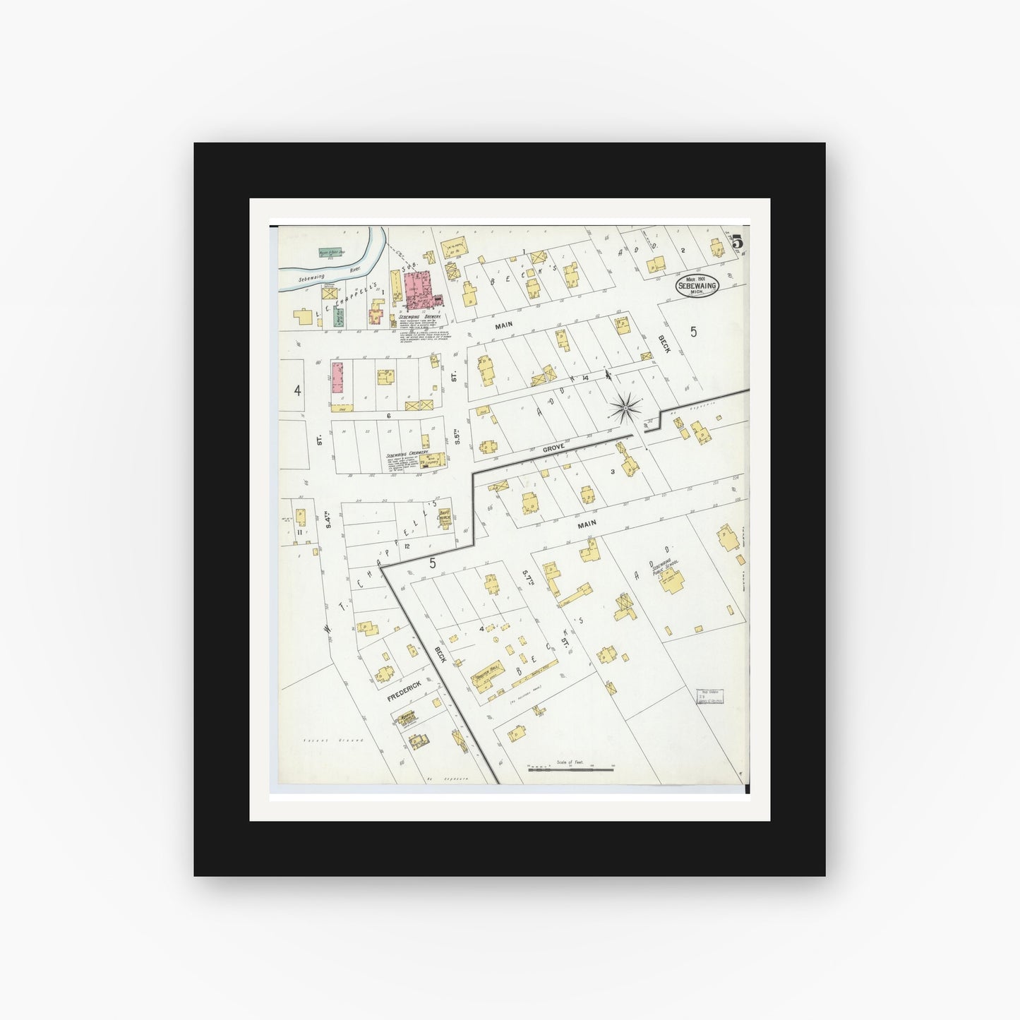Old map wall art mockup — black gallery frame with white mat — Sanborn Fire Insurance Map from Sebewaing, Huron County, Michigan (1901), Sheet #0005