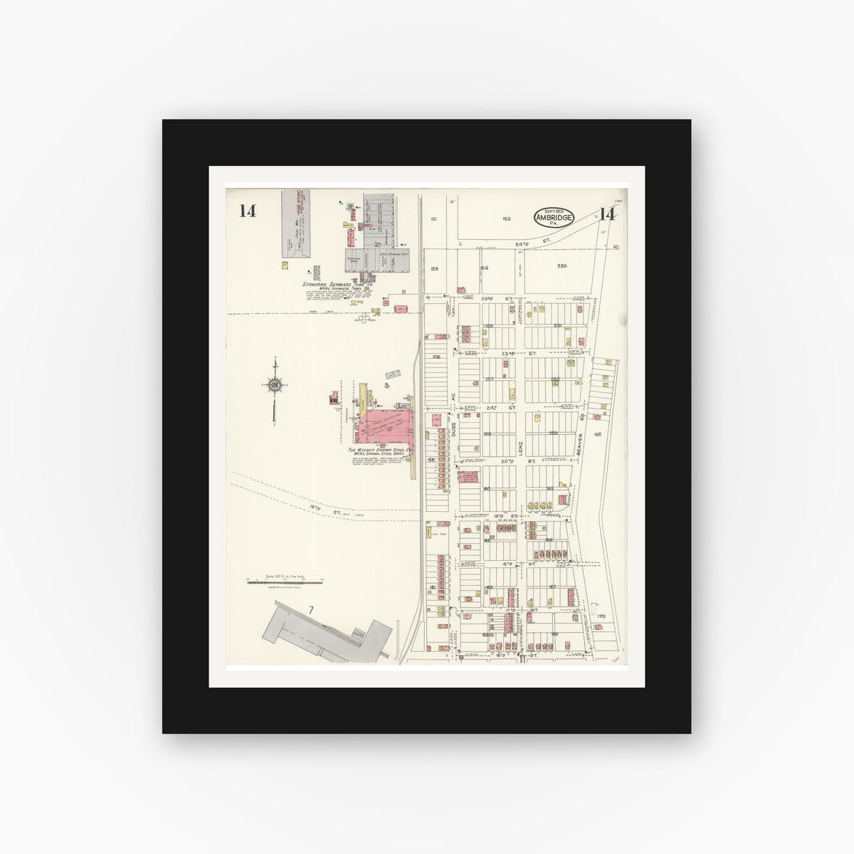 Old map wall art mockup — black gallery frame with white mat — Sanborn Fire Insurance Map from Ambridge, Beaver County, Pennsylvania (1923), Sheet #0014
