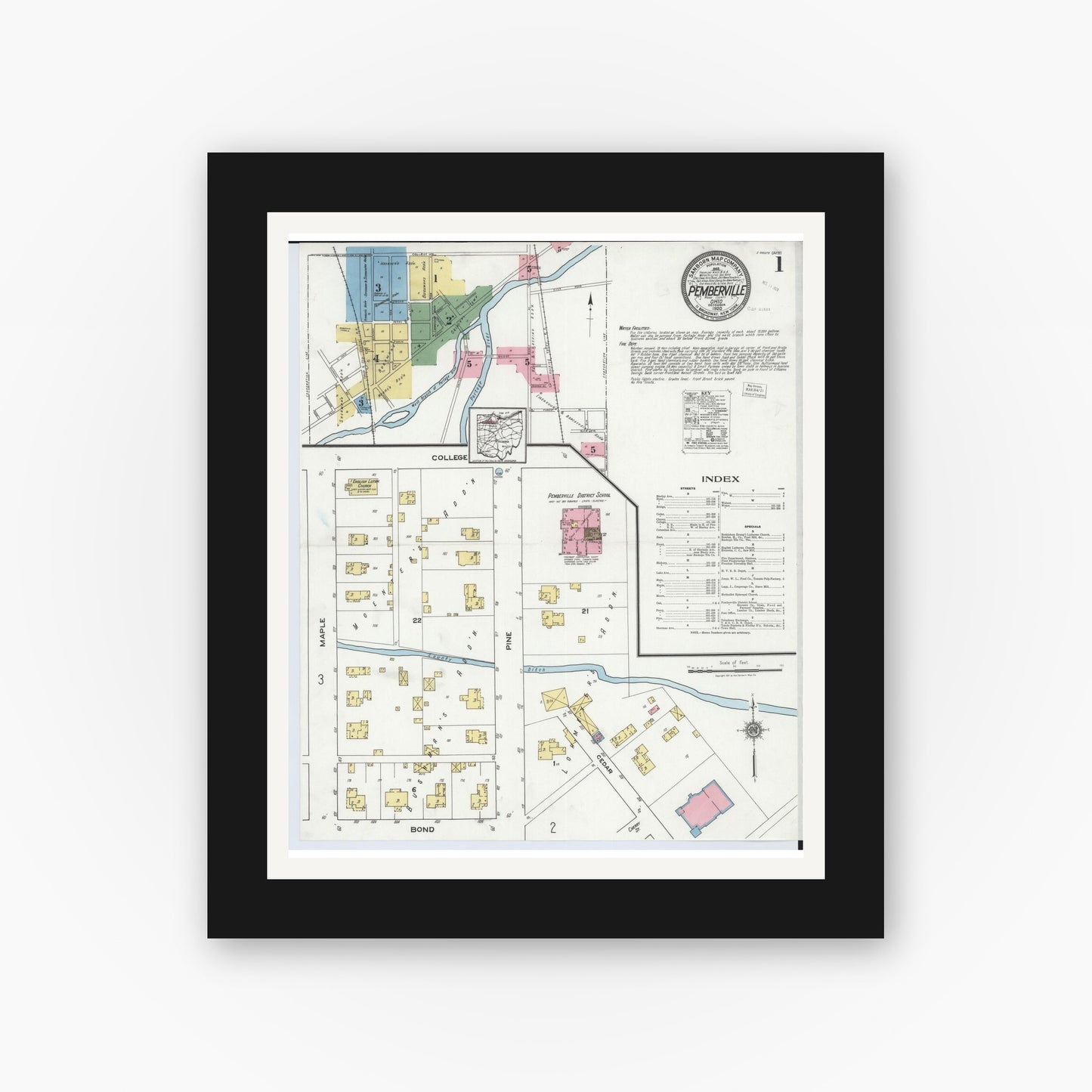 Old map wall art mockup — black gallery frame with white mat — Sanborn Fire Insurance Map from Pemberville, Wood County, Ohio (1920) - Complete Map Set