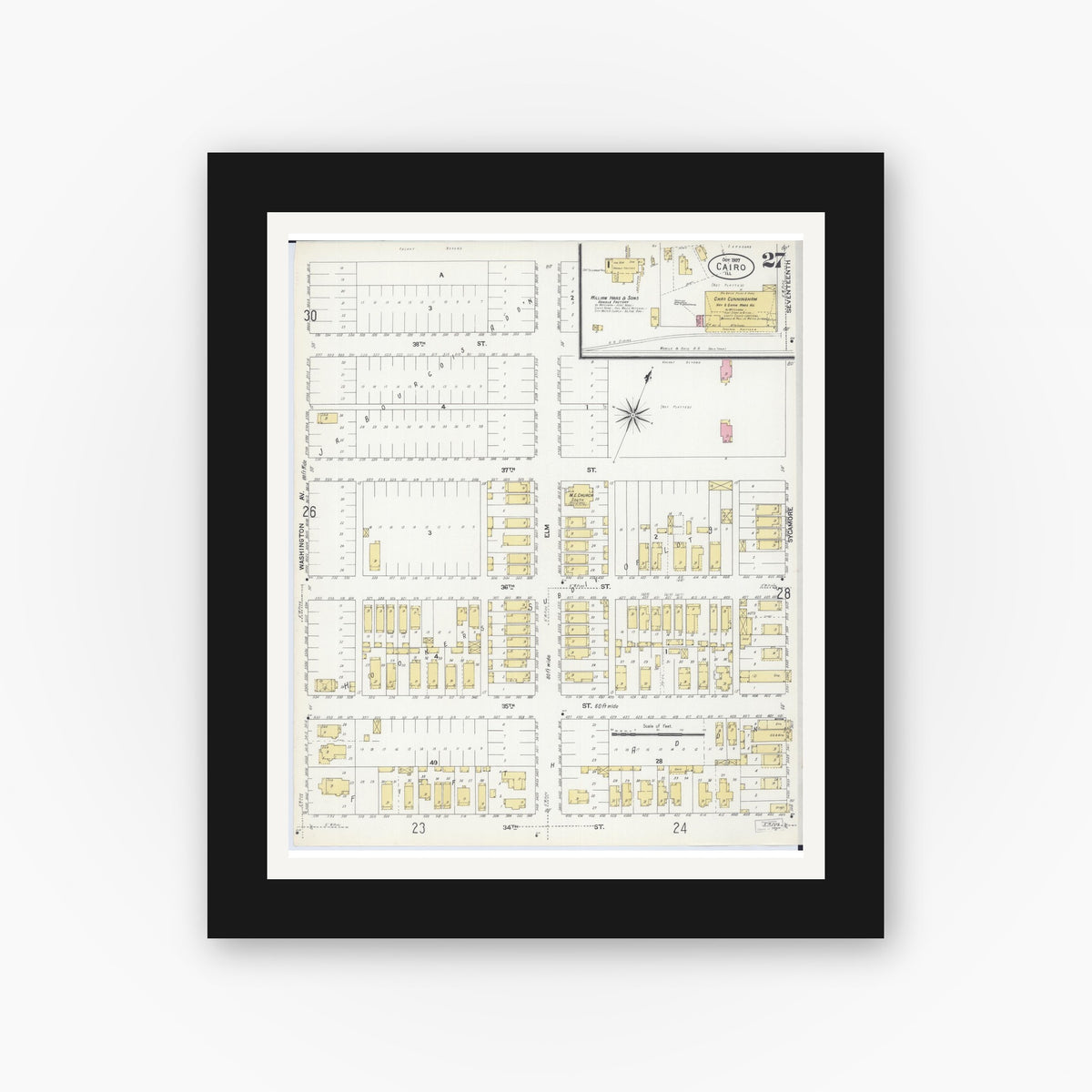 Old map wall art mockup — black gallery frame with white mat — Sanborn Fire Insurance Map from Cairo, Alexander County, Illinois (1907), Sheet #0027