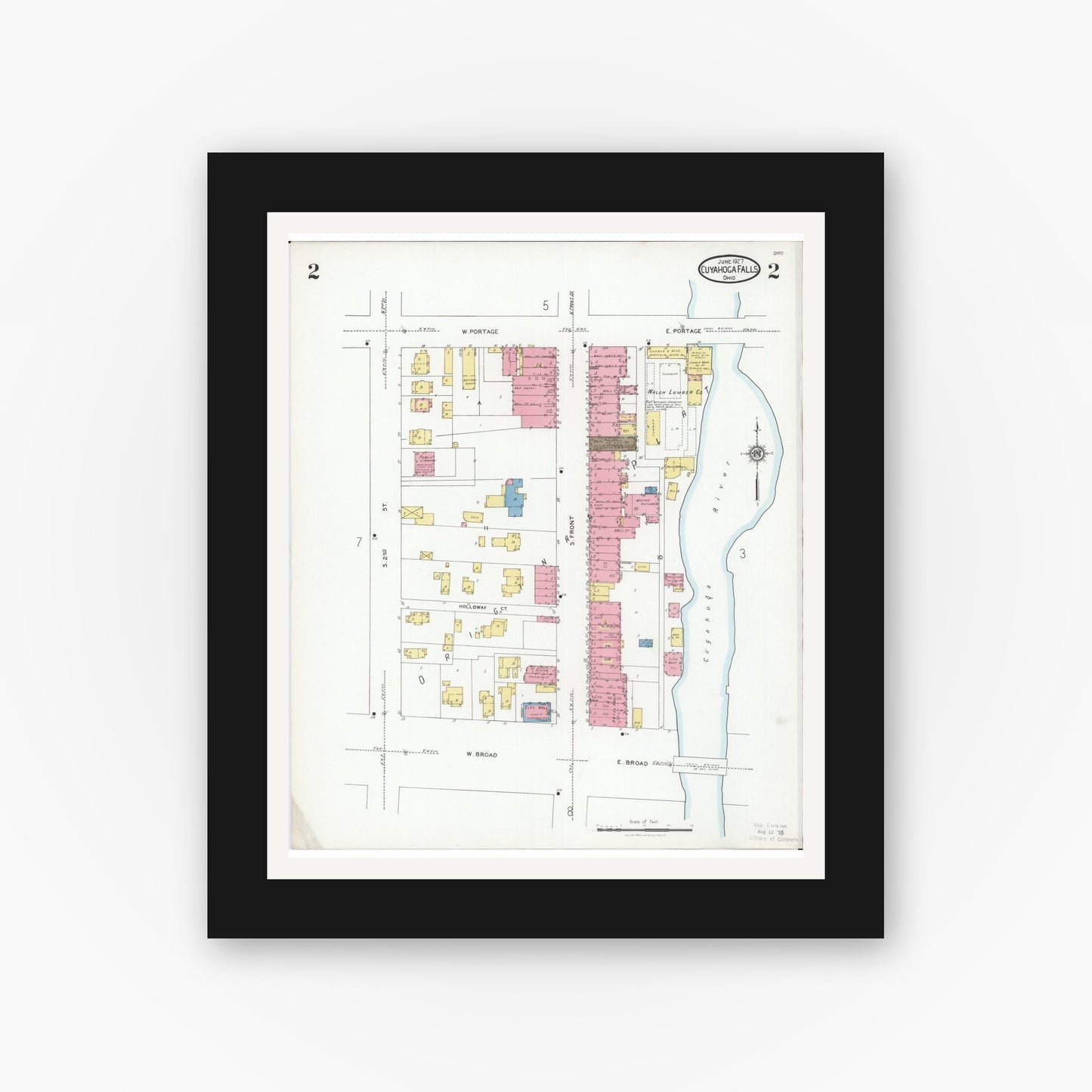 Old map wall art mockup — black gallery frame with white mat — Sanborn Fire Insurance Map from Cuyahoga Falls, Summit County, Ohio (1927), Sheet #0002