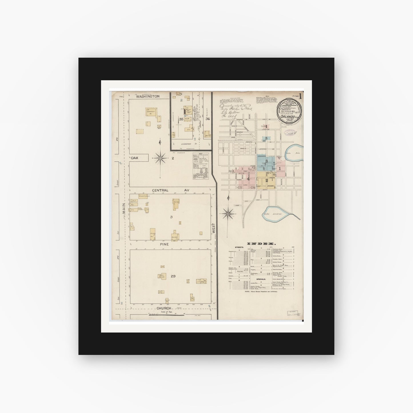 Old map wall art mockup — black gallery frame with white mat — Sanborn Fire Insurance Map from Orlando, Orange County, Florida (1887) - Complete Map Set