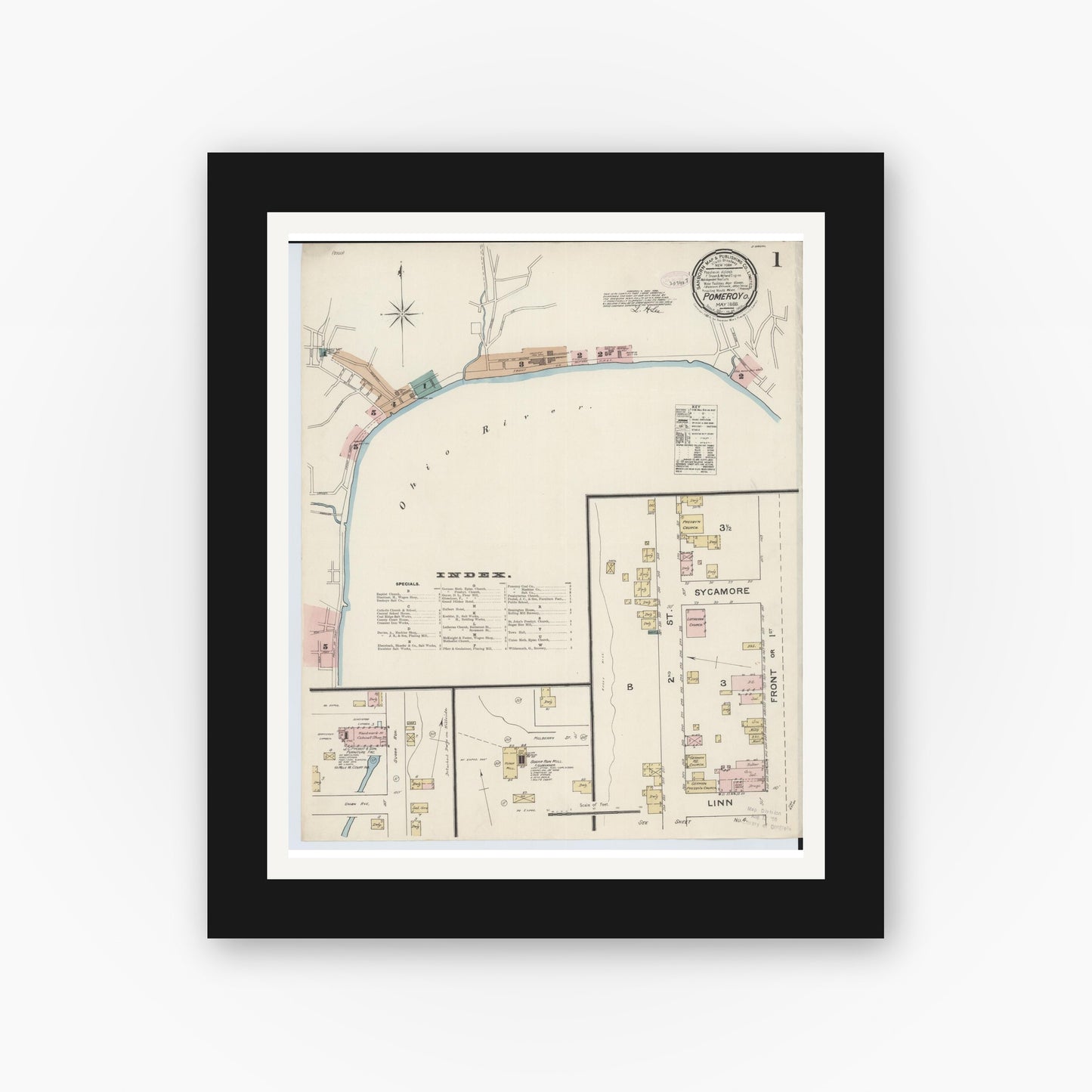 Old map wall art mockup — black gallery frame with white mat — Sanborn Fire Insurance Map from Pomeroy, Meigs County, Ohio (1888), Sheet #0001
