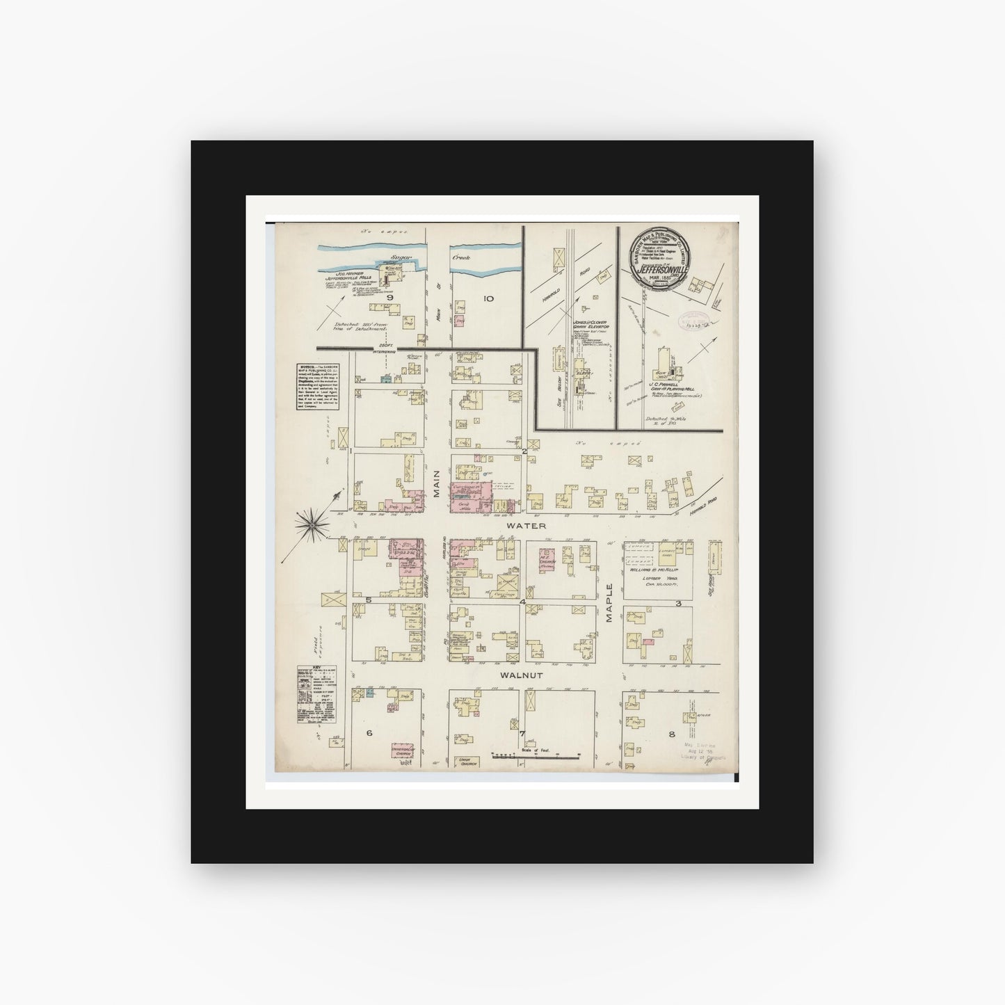 Old map wall art mockup — black gallery frame with white mat — Sanborn Fire Insurance Map from Jeffersonville, Fayette County, Ohio (1885), Sheet #0001