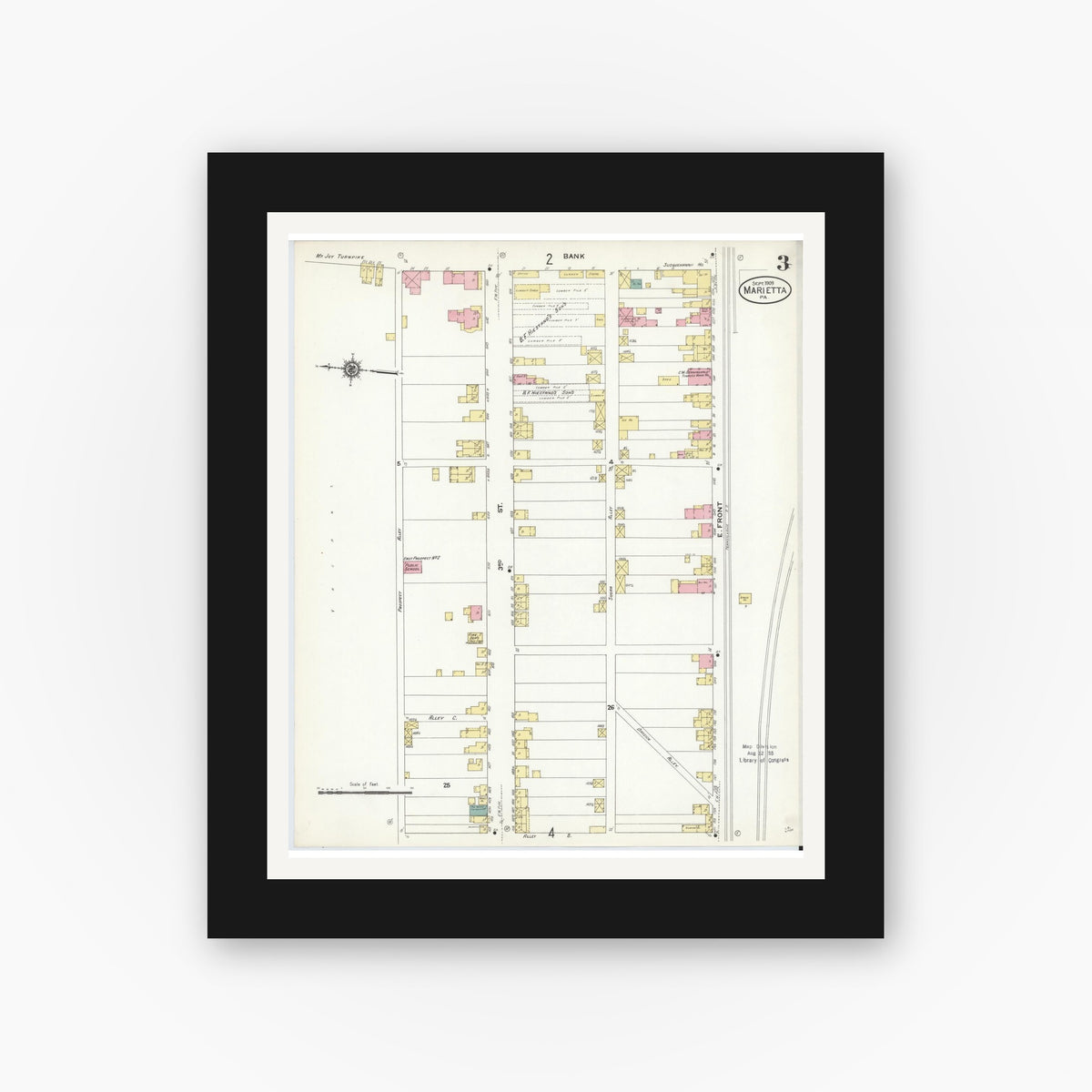 Old map wall art mockup β black gallery frame with white mat β Sanborn Fire Insurance Map from Marietta, Lancaster County, Pennsylvania (1909), Sheet #0003