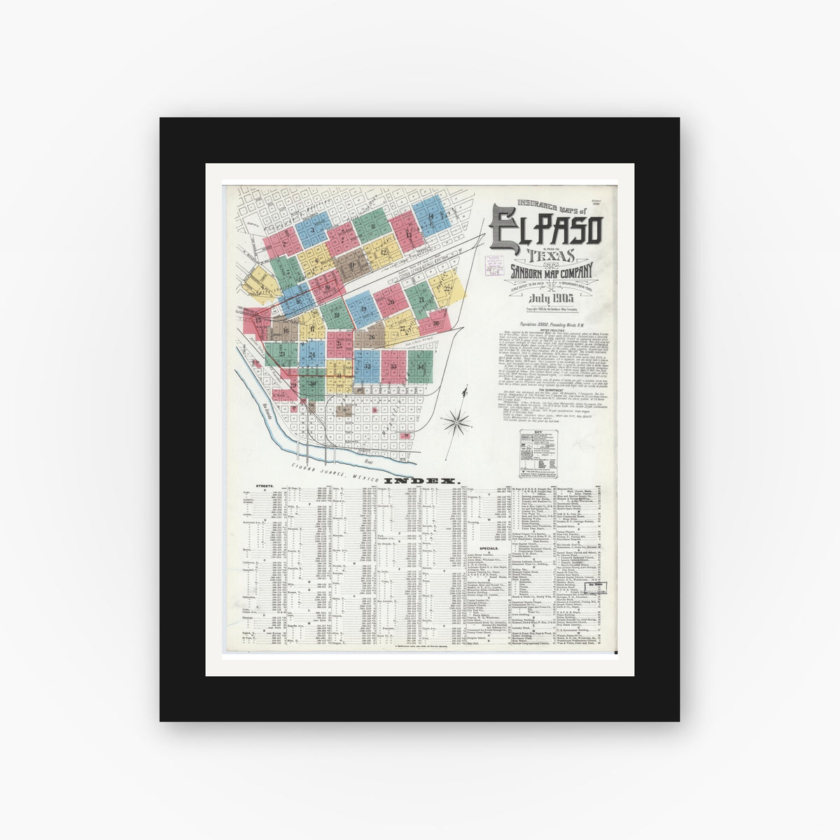 Old map wall art mockup — black gallery frame with white mat — Sanborn Fire Insurance Map from El Paso, El Paso County, Texas (1905), Sheet #0001