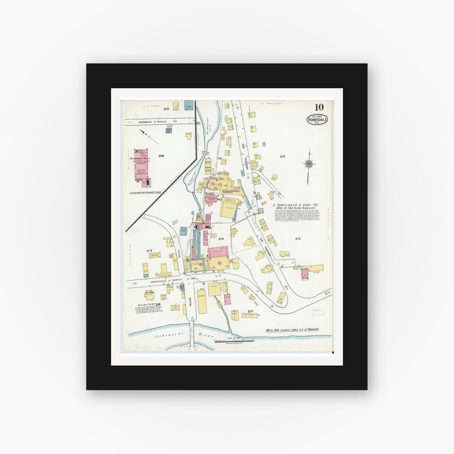 Old map wall art mockup — black gallery frame with white mat — Sanborn Fire Insurance Map from Honesdale, Wayne County, Pennsylvania (1920), Sheet #0010