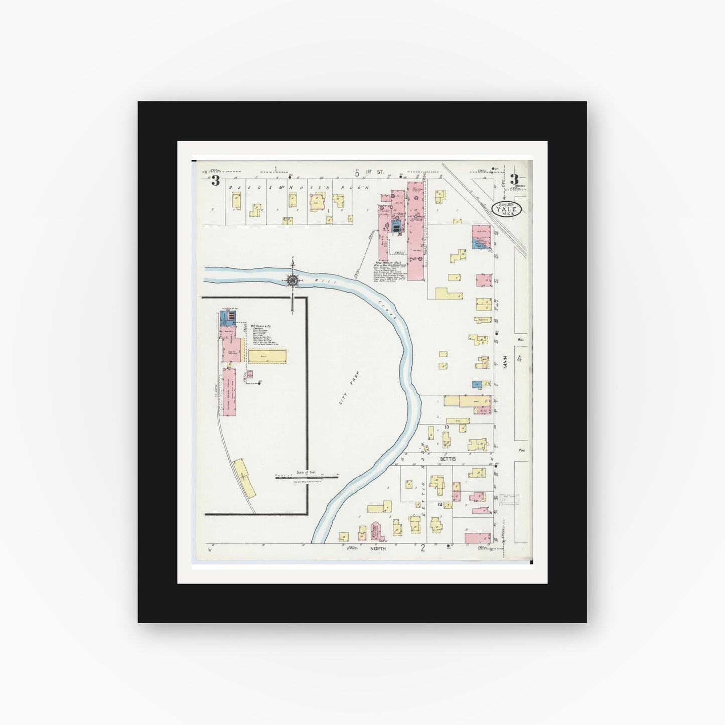 Old map wall art mockup — black gallery frame with white mat — Sanborn Fire Insurance Map from Yale, Saint Clair County, Michigan (1924), Sheet #0003