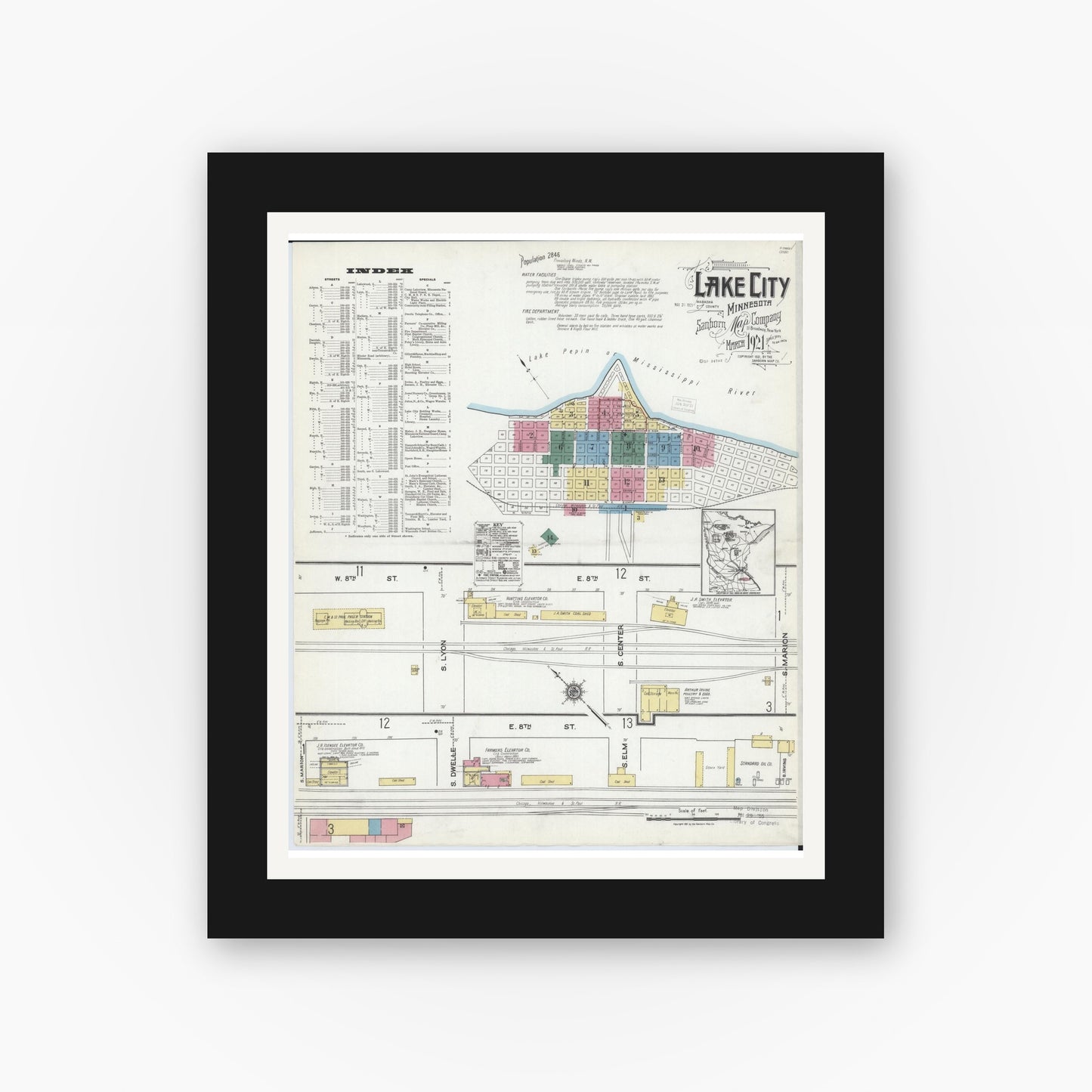 Old map wall art mockup — black gallery frame with white mat — Sanborn Fire Insurance Map from Lake City, Wabasha County, Minnesota (1921) - Complete Map Set