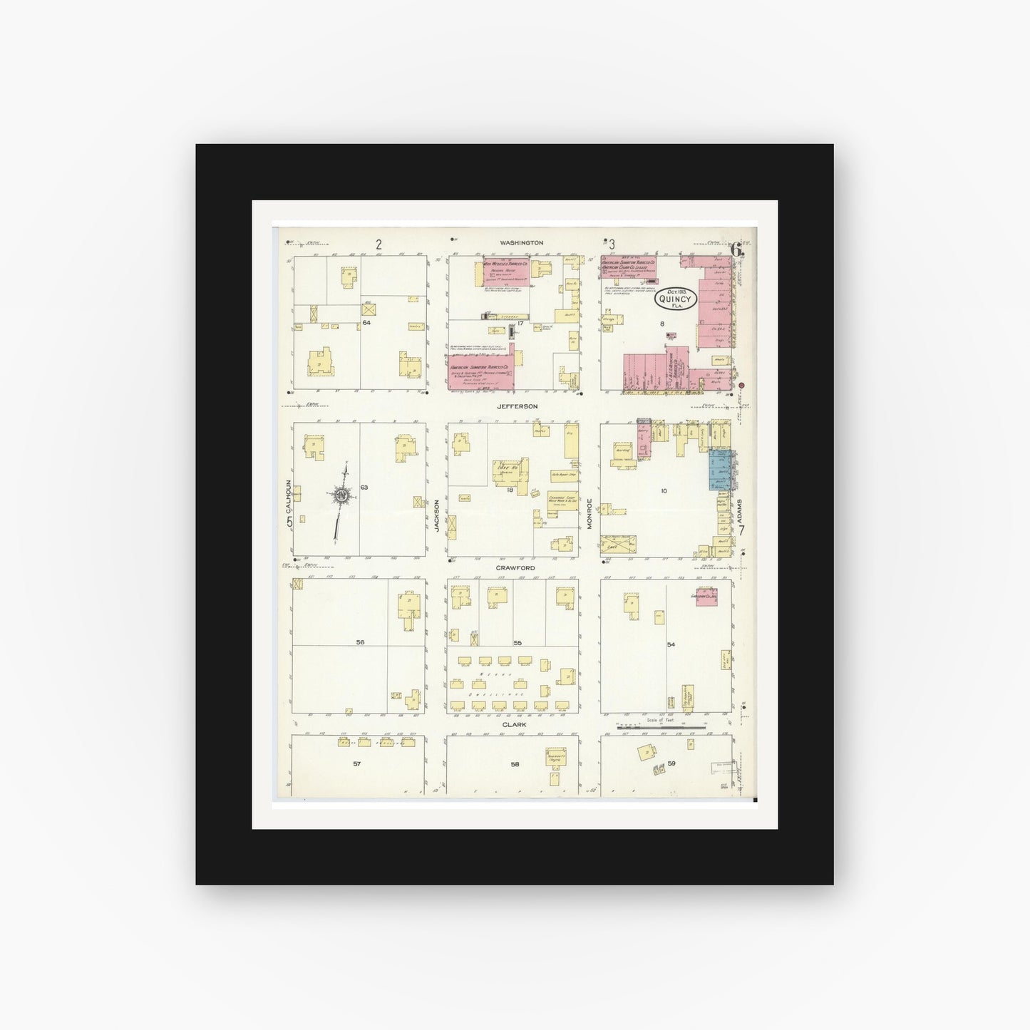 Old map wall art mockup — black gallery frame with white mat — Sanborn Fire Insurance Map from Quincy, Gadsden County, Florida (1913), Sheet #0006