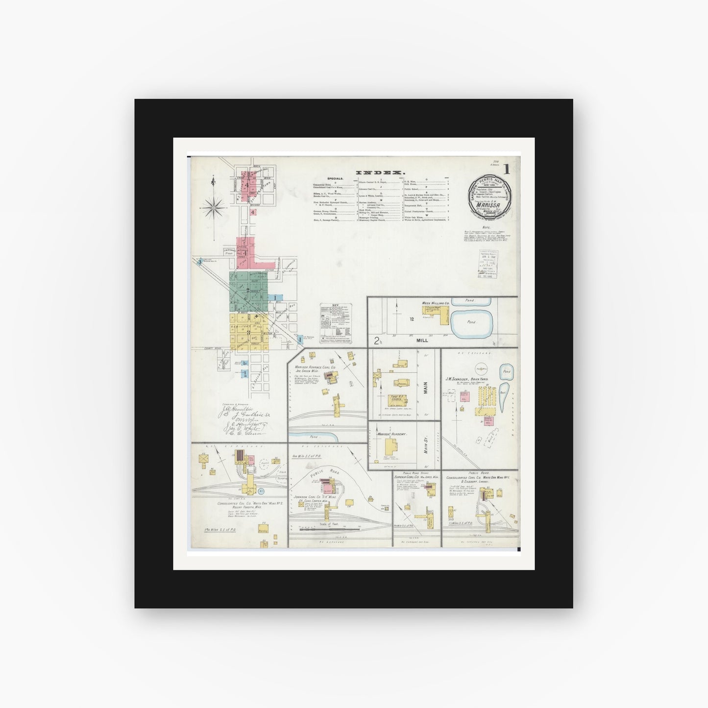 Old map wall art mockup — black gallery frame with white mat — Sanborn Fire Insurance Map from Marissa, Saint Clair County, Illinois (1900), Sheet #0001