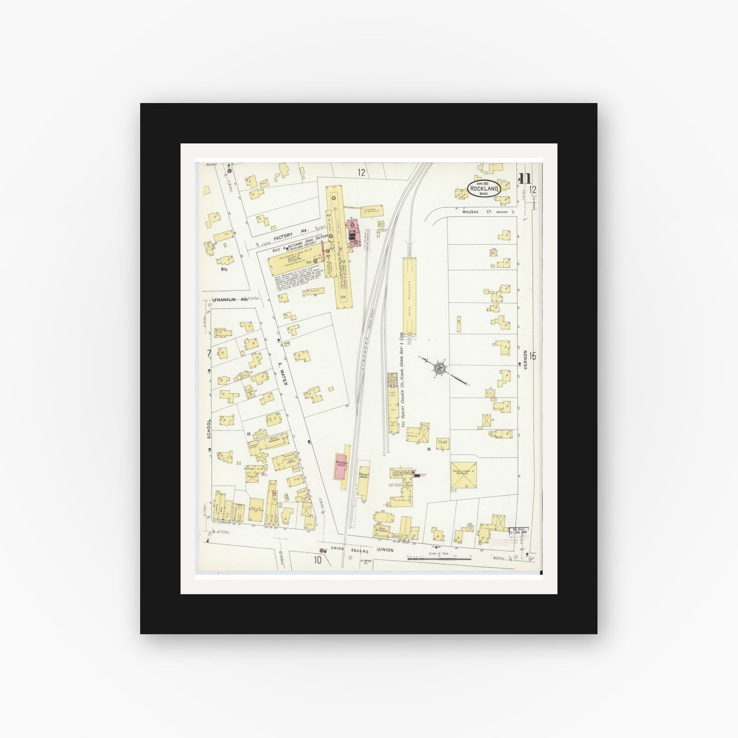 Old map wall art mockup — black gallery frame with white mat — Sanborn Fire Insurance Map from Rockland, Plymouth County, Massachusetts (1912), Sheet #0011