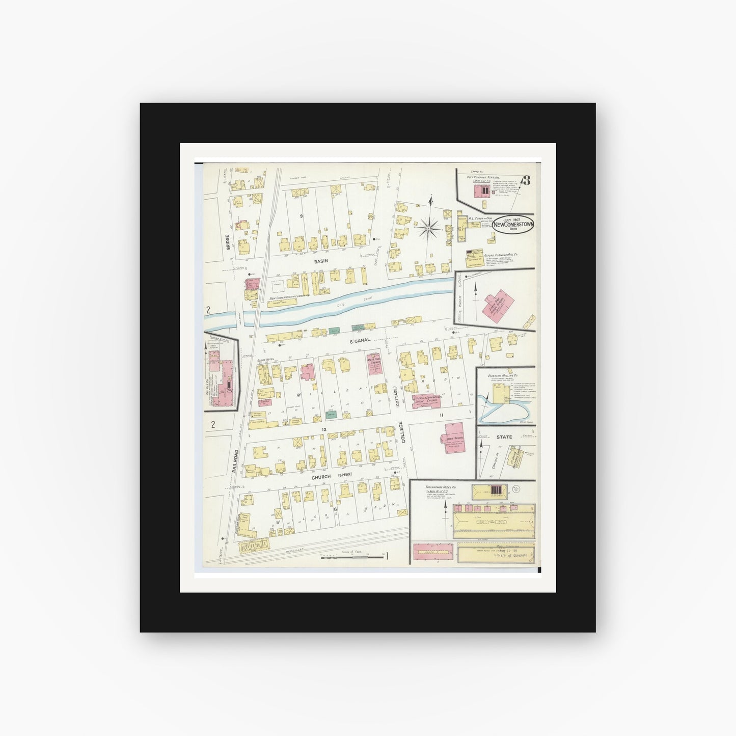 Old map wall art mockup — black gallery frame with white mat — Sanborn Fire Insurance Map from Newcomerstown, Tuscarawas County, Ohio (1907), Sheet #0003