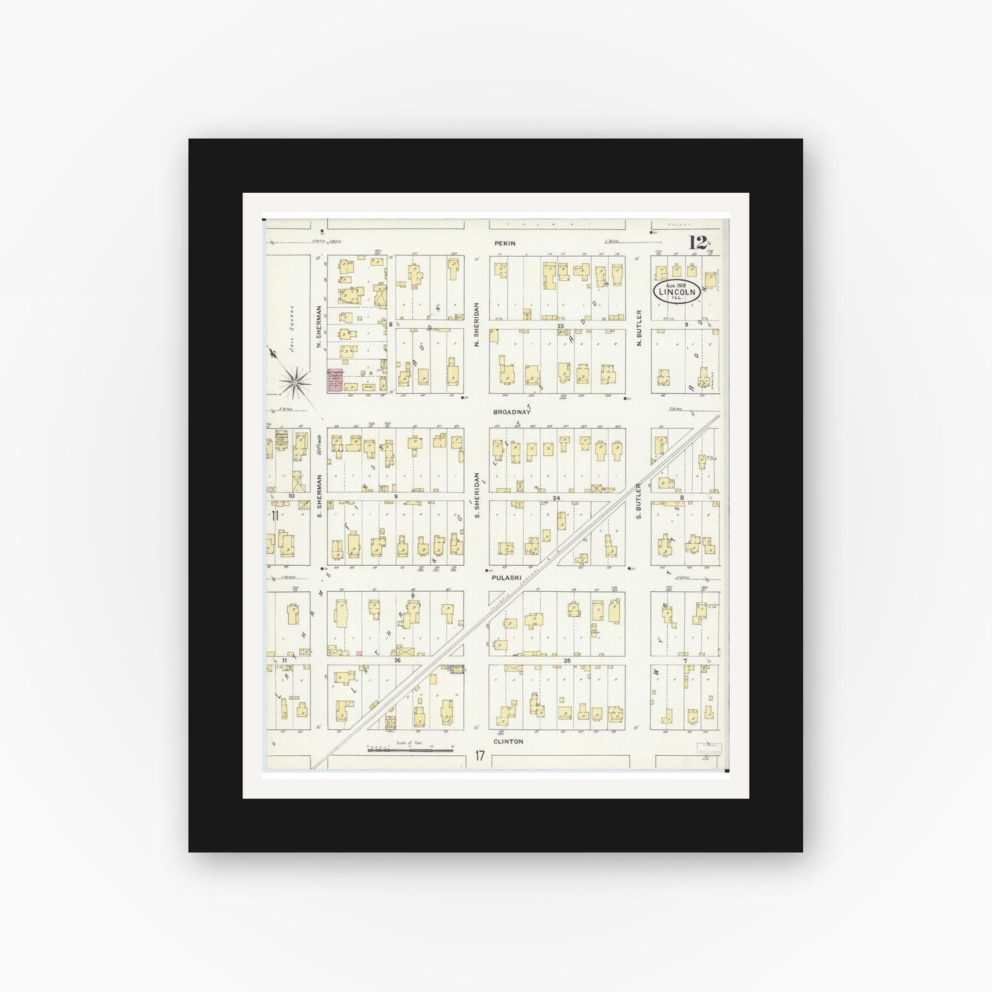 Old map wall art mockup — black gallery frame with white mat — Sanborn Fire Insurance Map from Lincoln, Logan County, Illinois (1909), Sheet #0012