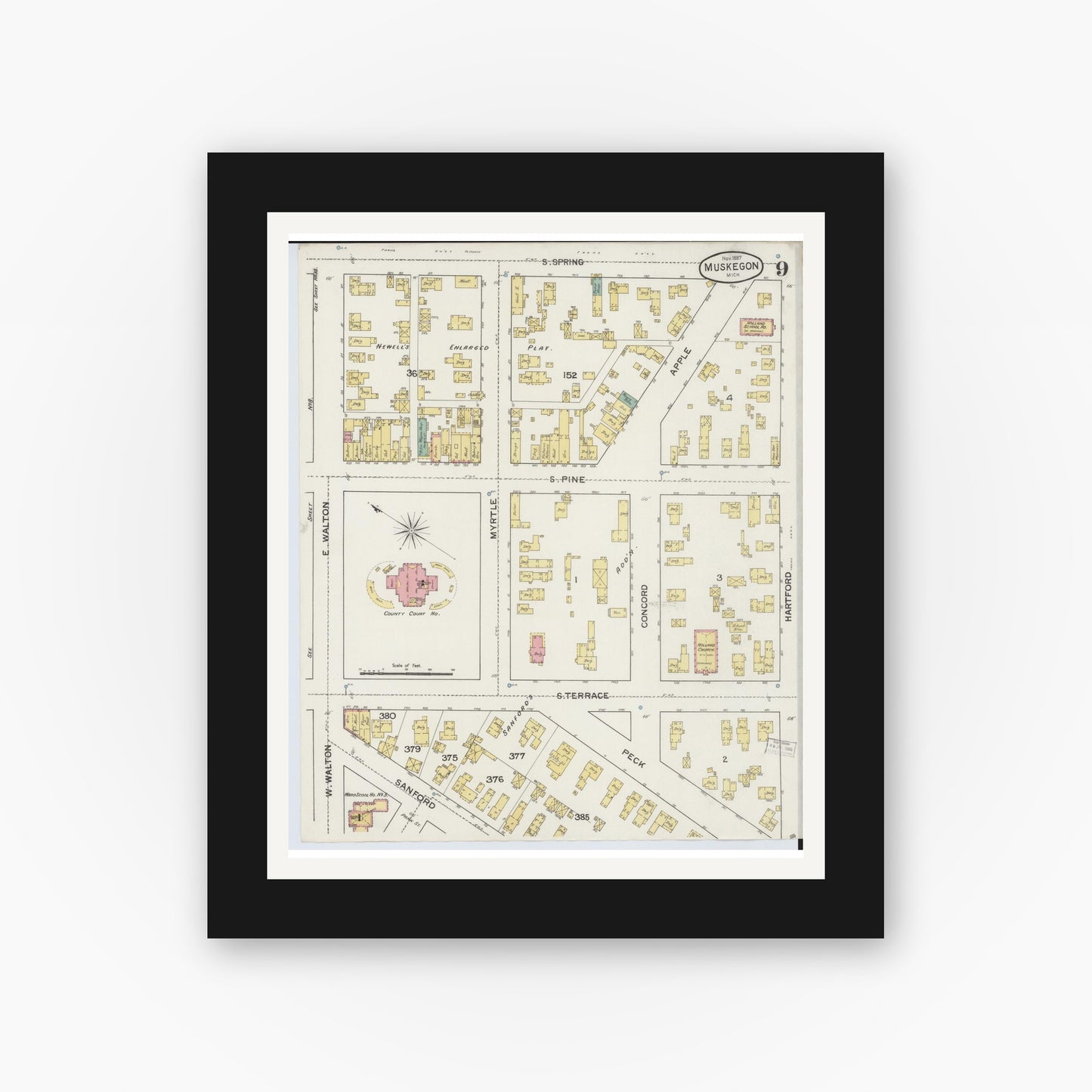 Old map wall art mockup — black gallery frame with white mat — Sanborn Fire Insurance Map from Muskegon, Muskegon County, Michigan (1887), Sheet #0009