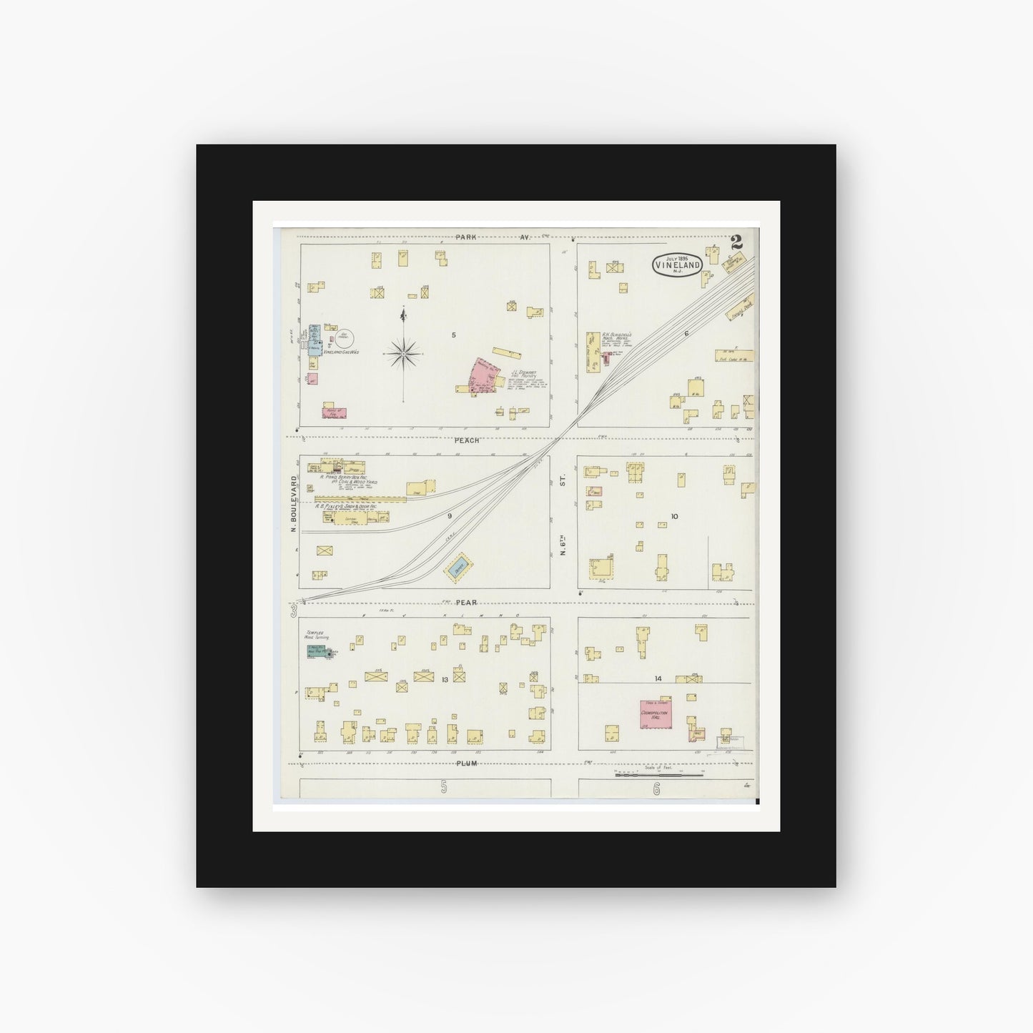 Old map wall art mockup — black gallery frame with white mat — Sanborn Fire Insurance Map from Vineland, Cumberland County, New Jersey (1895), Sheet #0002