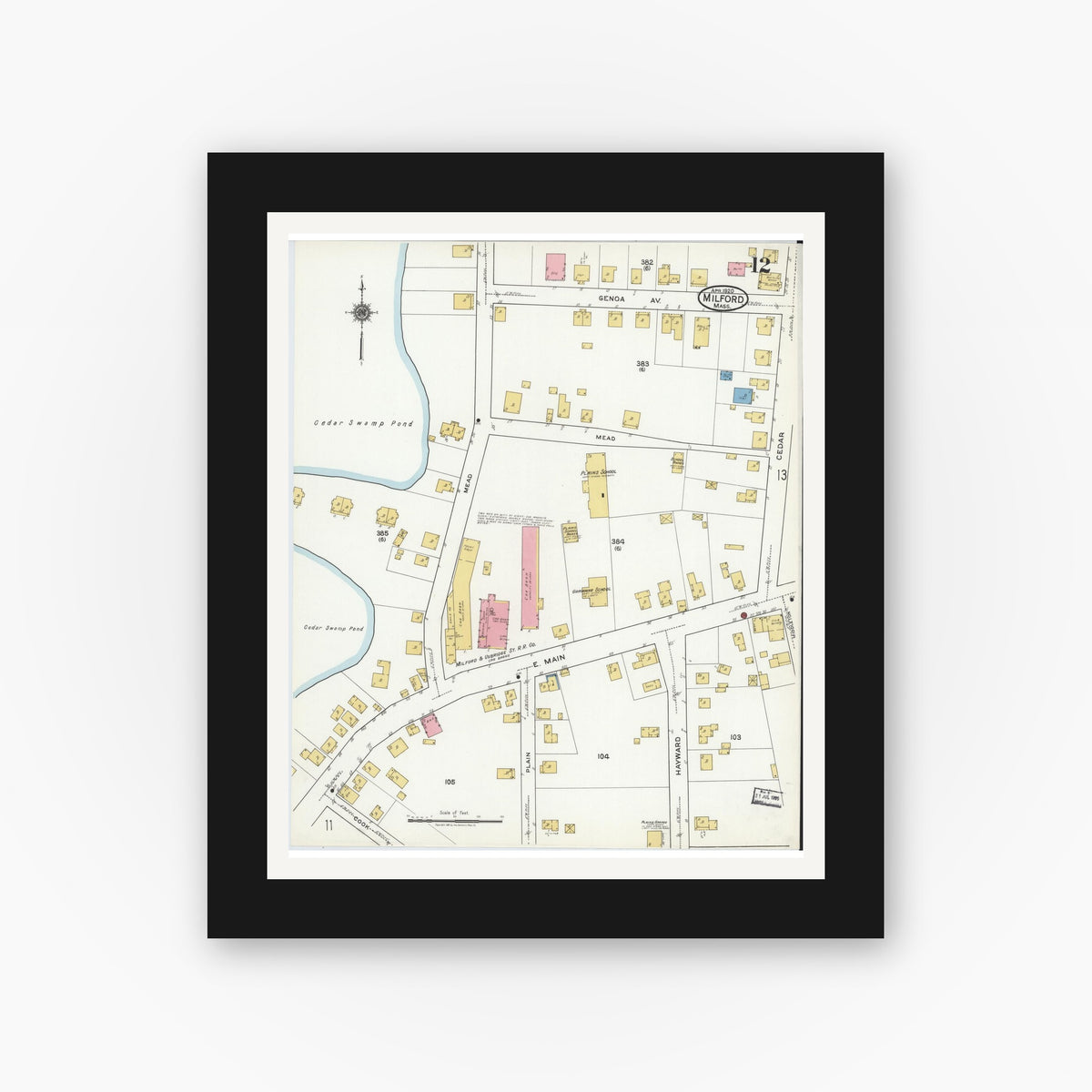 Old map wall art mockup — black gallery frame with white mat — Sanborn Fire Insurance Map from Milford, Worcester County, Massachusetts (1920), Sheet #0012