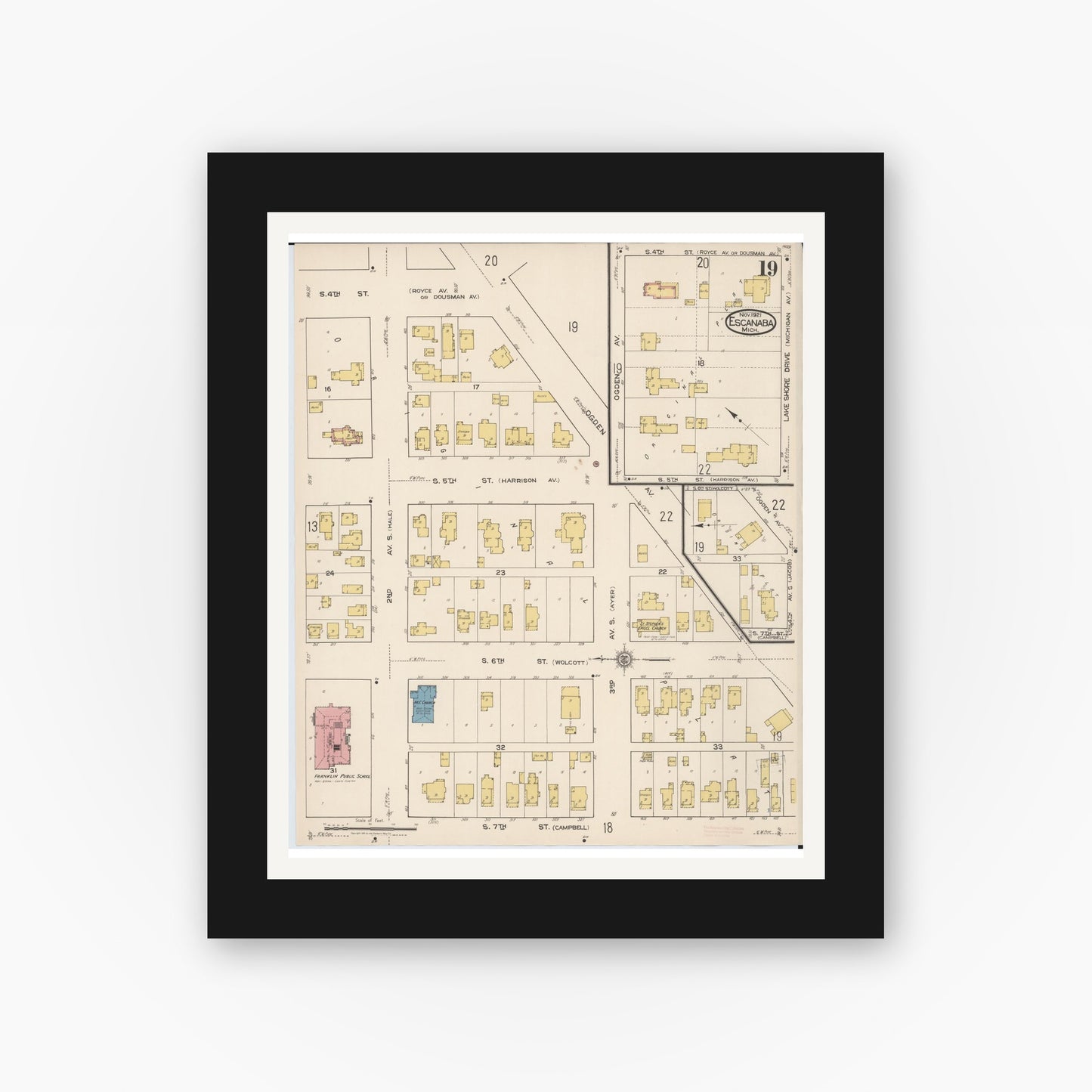 Old map wall art mockup — black gallery frame with white mat — Sanborn Fire Insurance Map from Escanaba, Delta County, Michigan (1921), Sheet #0019