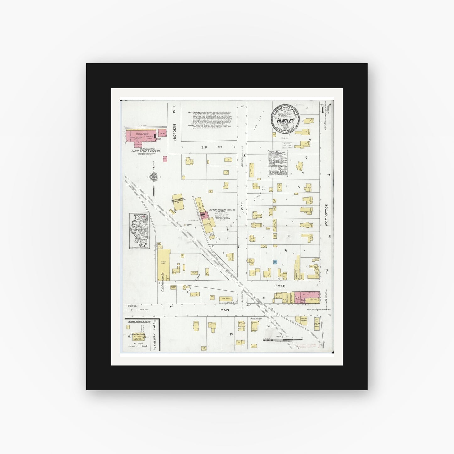 Old map wall art mockup — black gallery frame with white mat — Sanborn Fire Insurance Map from Huntley, McHenry County, Illinois (1919), Sheet #0001