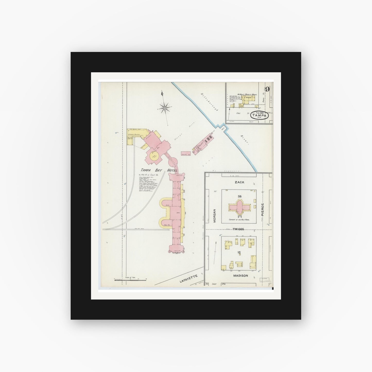 Old map wall art mockup — black gallery frame with white mat — Sanborn Fire Insurance Map from Tampa, Hillsborough County, Florida (1892), Sheet #0009