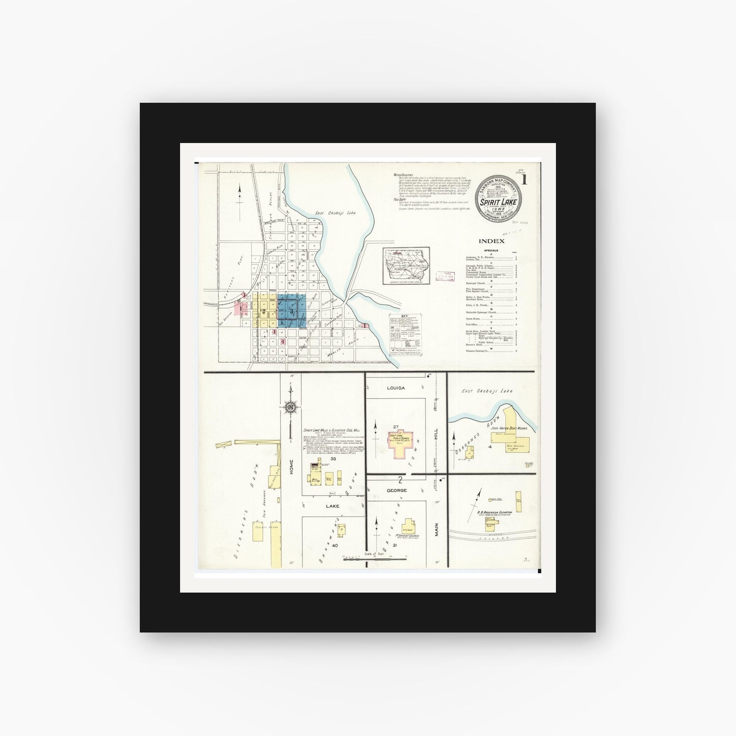 Old map wall art mockup β black gallery frame with white mat β Sanborn Fire Insurance Map from Spirit Lake, Dickinson County, Iowa (1913), Sheet #0001