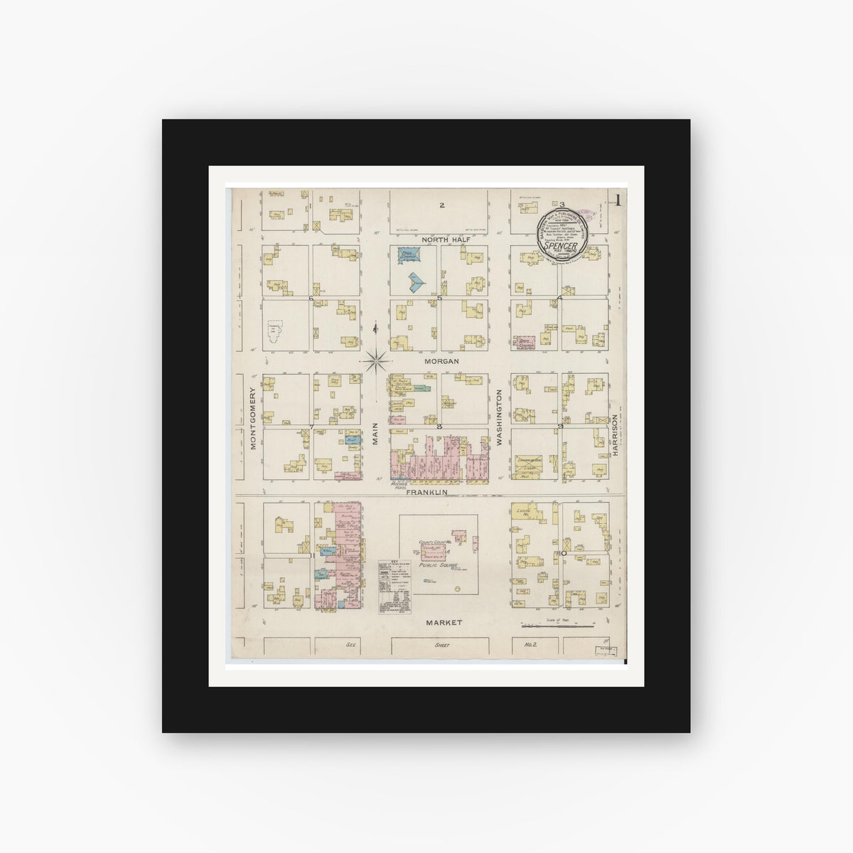 Old map wall art mockup — black gallery frame with white mat — Sanborn Fire Insurance Map from Spencer, Owen County, Indiana (1886), Sheet #0001