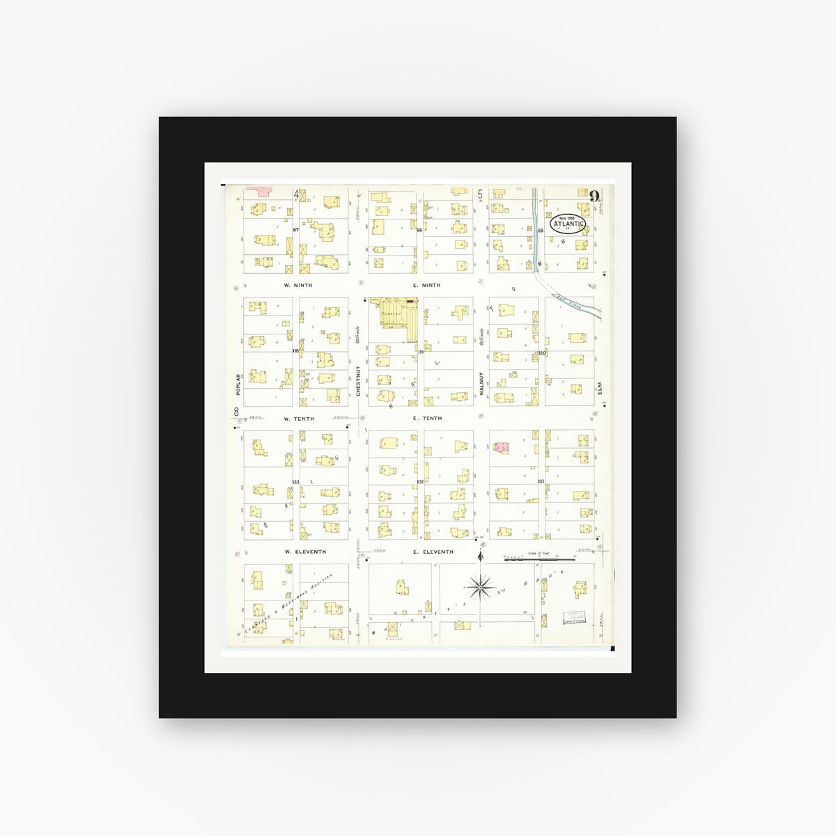 Old map wall art mockup — black gallery frame with white mat — Sanborn Fire Insurance Map from Atlantic, Cass County, Iowa (1908), Sheet #0009