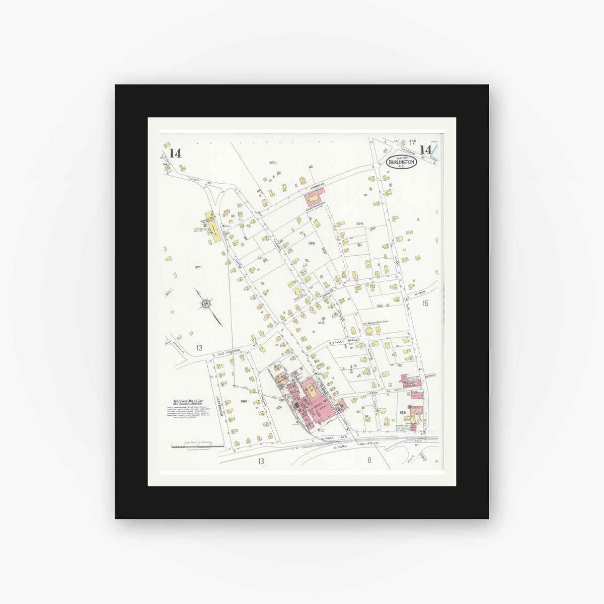 Old map wall art mockup — black gallery frame with white mat — Sanborn Fire Insurance Map from Burlington, Alamance County, North Carolina (1929), Sheet #0014