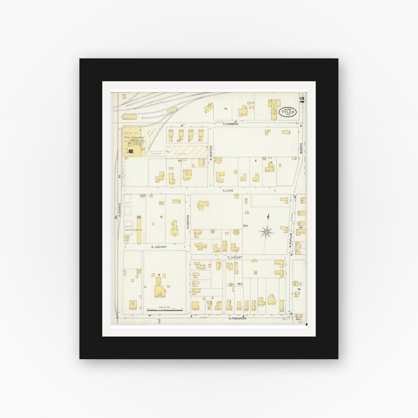 Old map wall art mockup — black gallery frame with white mat — Sanborn Fire Insurance Map from Tyler, Smith County, Texas (1898), Sheet #0002