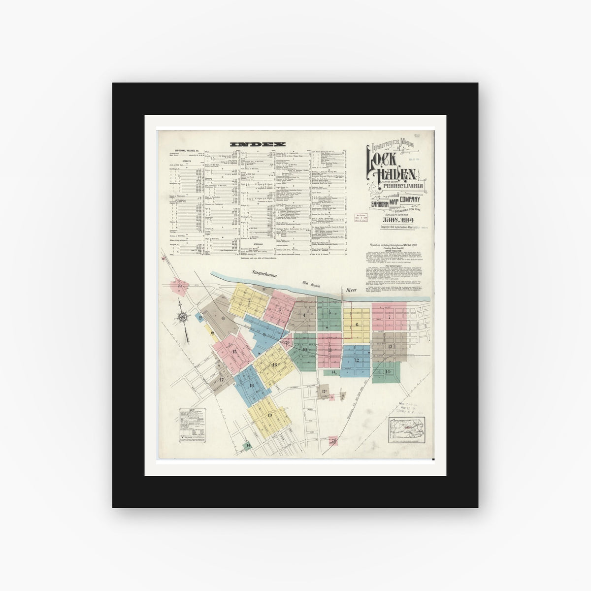 Old map wall art mockup — black gallery frame with white mat — Sanborn Fire Insurance Map from Lock Haven, Clinton County, Pennsylvania (1914), Sheet #0001