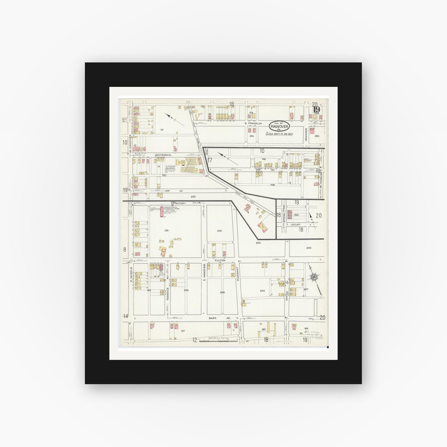 Old map wall art mockup — black gallery frame with white mat — Sanborn Fire Insurance Map from Hanover, York County, Pennsylvania (1917), Sheet #0019