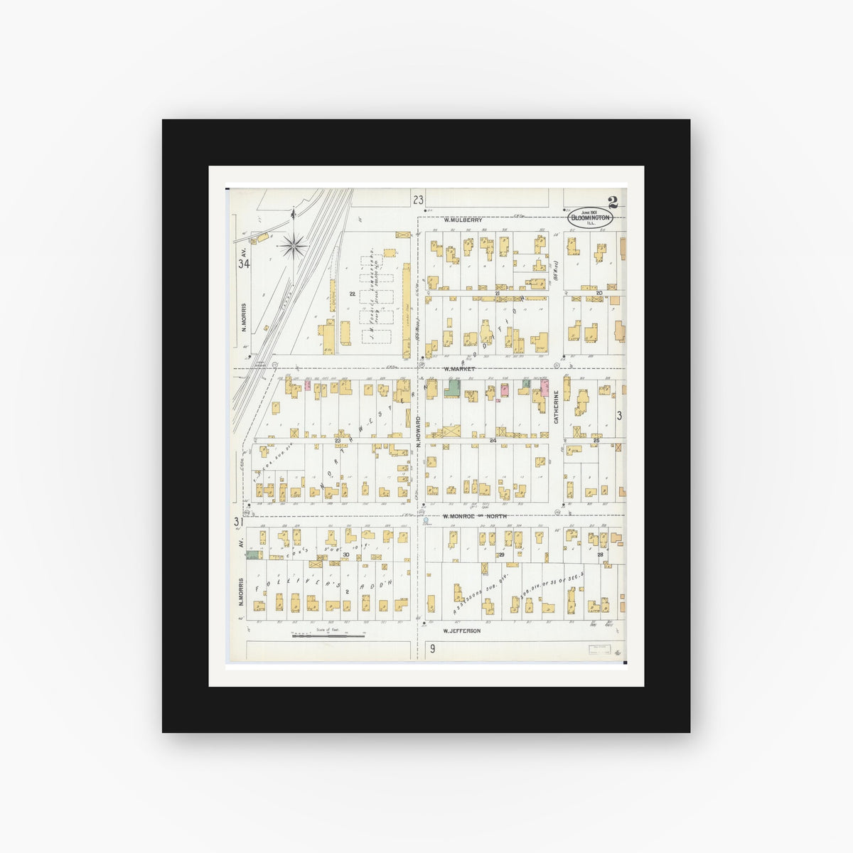 Old map wall art mockup — black gallery frame with white mat — Sanborn Fire Insurance Map from Bloomington, McLean County, Illinois (1901), Sheet #0002