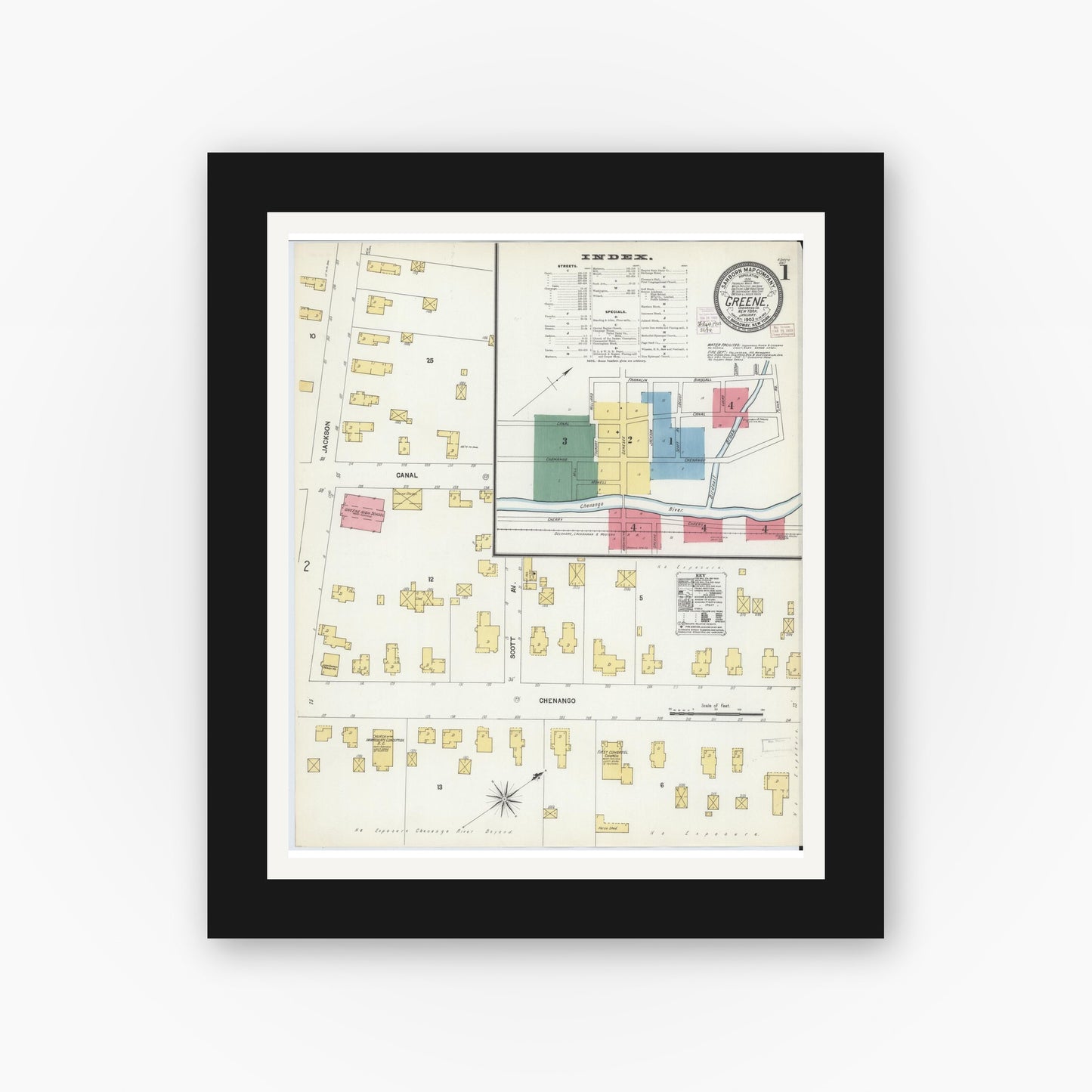 Old map wall art mockup — black gallery frame with white mat — Sanborn Fire Insurance Map from Greene, Chenango County, New York (1903) - Complete Map Set
