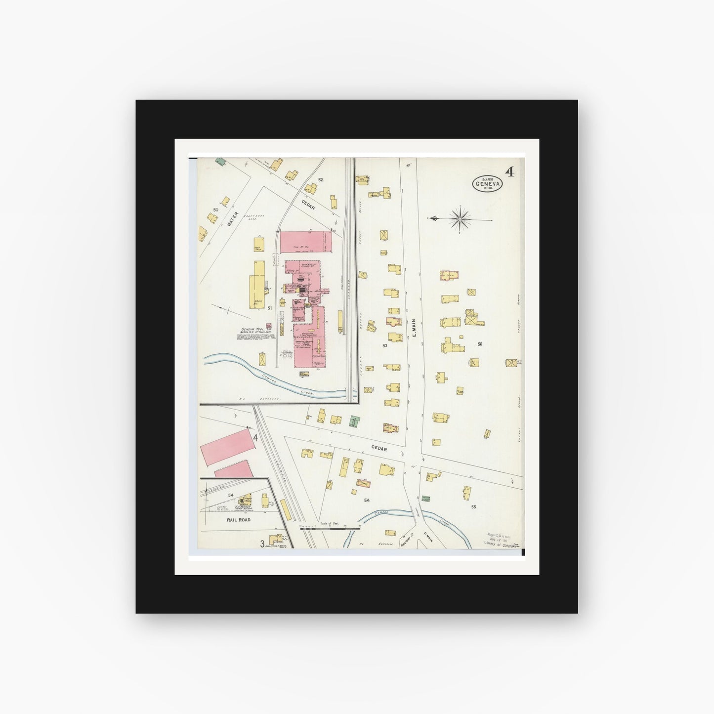 Old map wall art mockup — black gallery frame with white mat — Sanborn Fire Insurance Map from Geneva, Ashtabula County, Ohio (1898), Sheet #0004