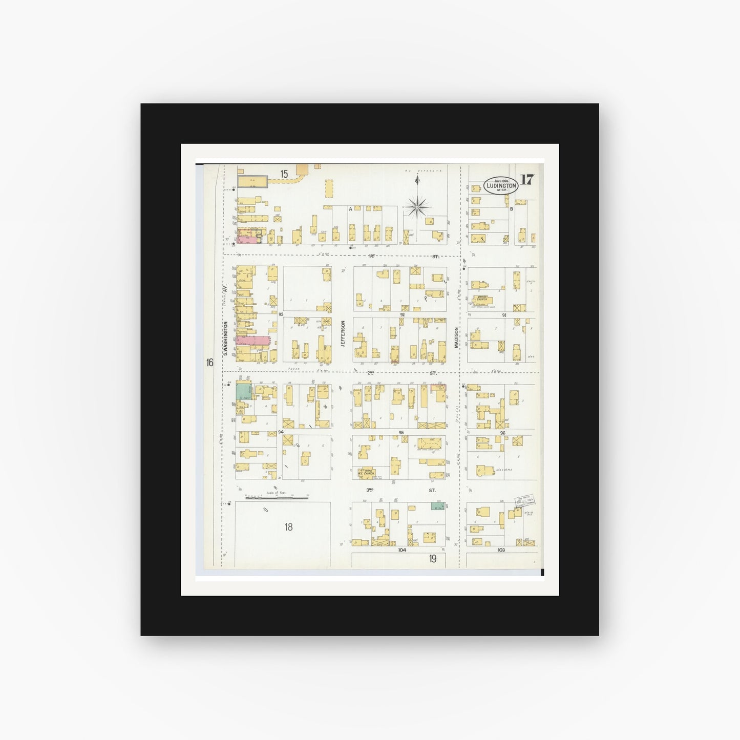 Old map wall art mockup — black gallery frame with white mat — Sanborn Fire Insurance Map from Ludington, Mason County, Michigan (1900), Sheet #0017