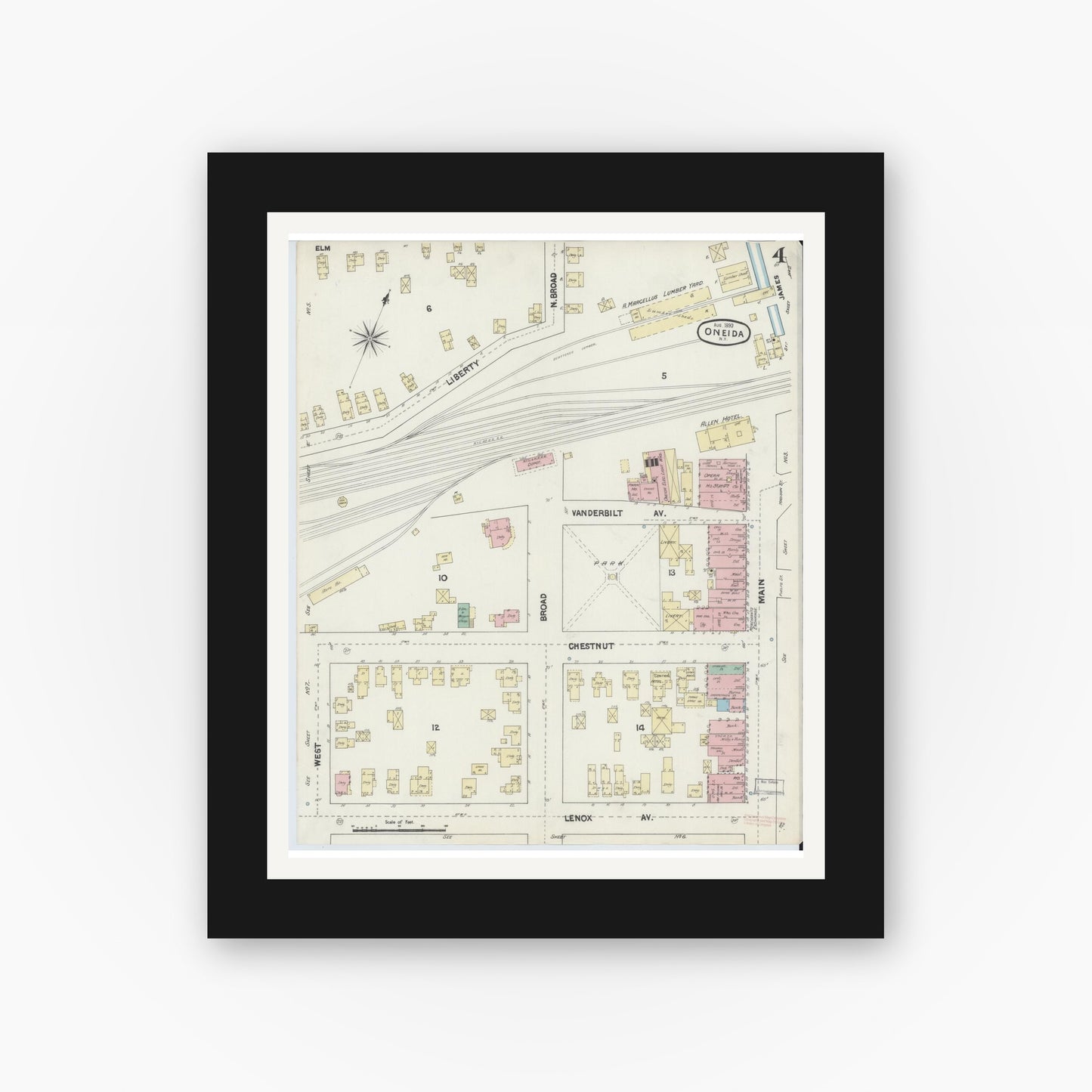 Old map wall art mockup — black gallery frame with white mat — Sanborn Fire Insurance Map from Oneida, Madison County, New York (1890), Sheet #0004